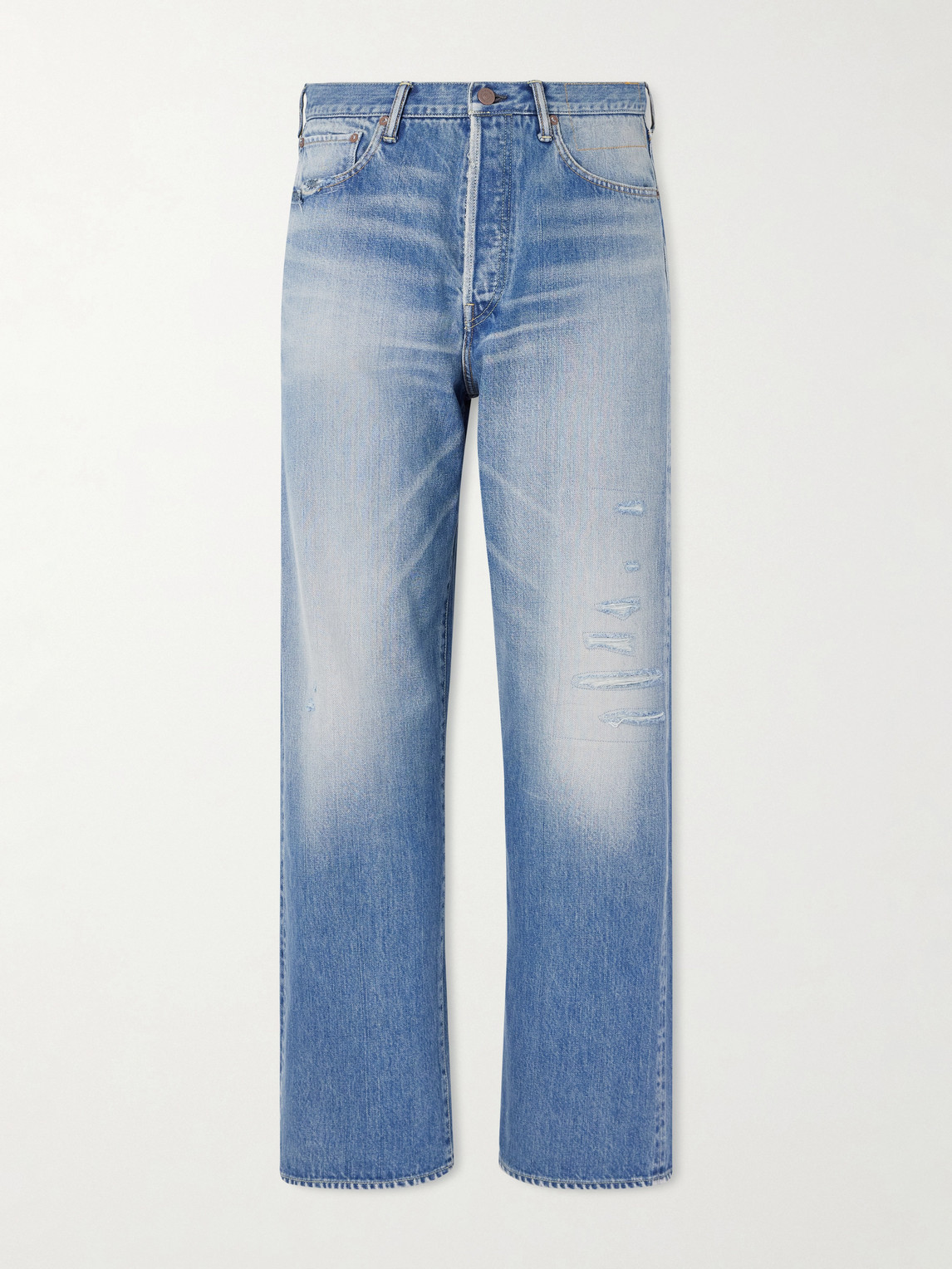 Visvim Social Sculpture 01 Wide-leg Distressed Selvedge Jeans In Blue