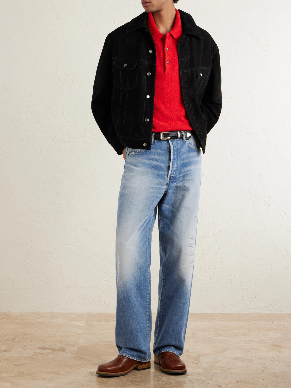 Social Sculpture 01 Wide-Leg Distressed Selvedge Jeans