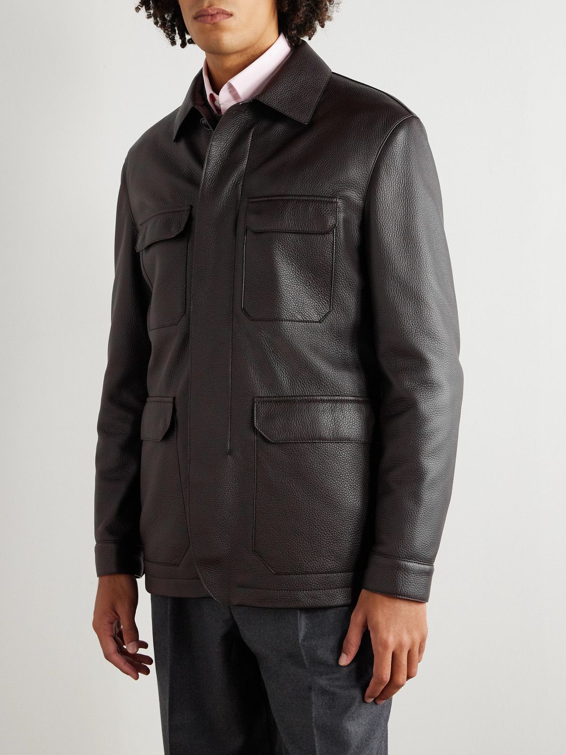  Zegna - Padded Full-grain Leather Field Jacket - Men - Brown - It 46 
