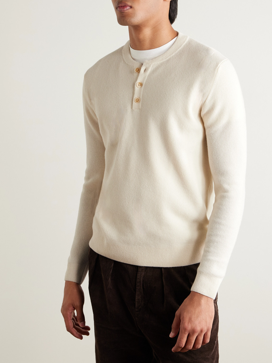 Incotex Zanone Slim-fit Ribbed Virgin Wool Henley Sweater In Neutral