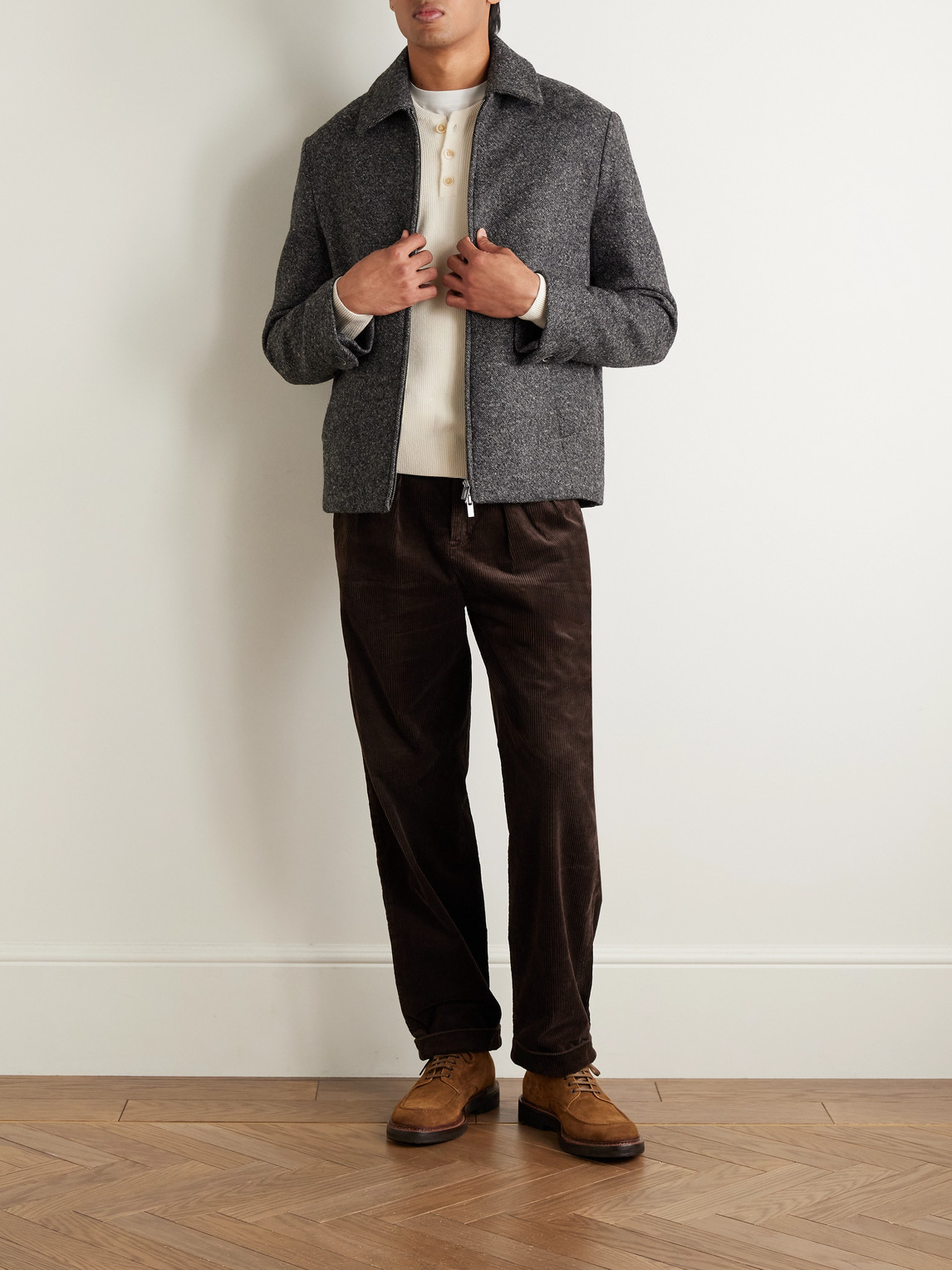 Incotex Zanone Slim-fit Ribbed Virgin Wool Henley Sweater In Neutral