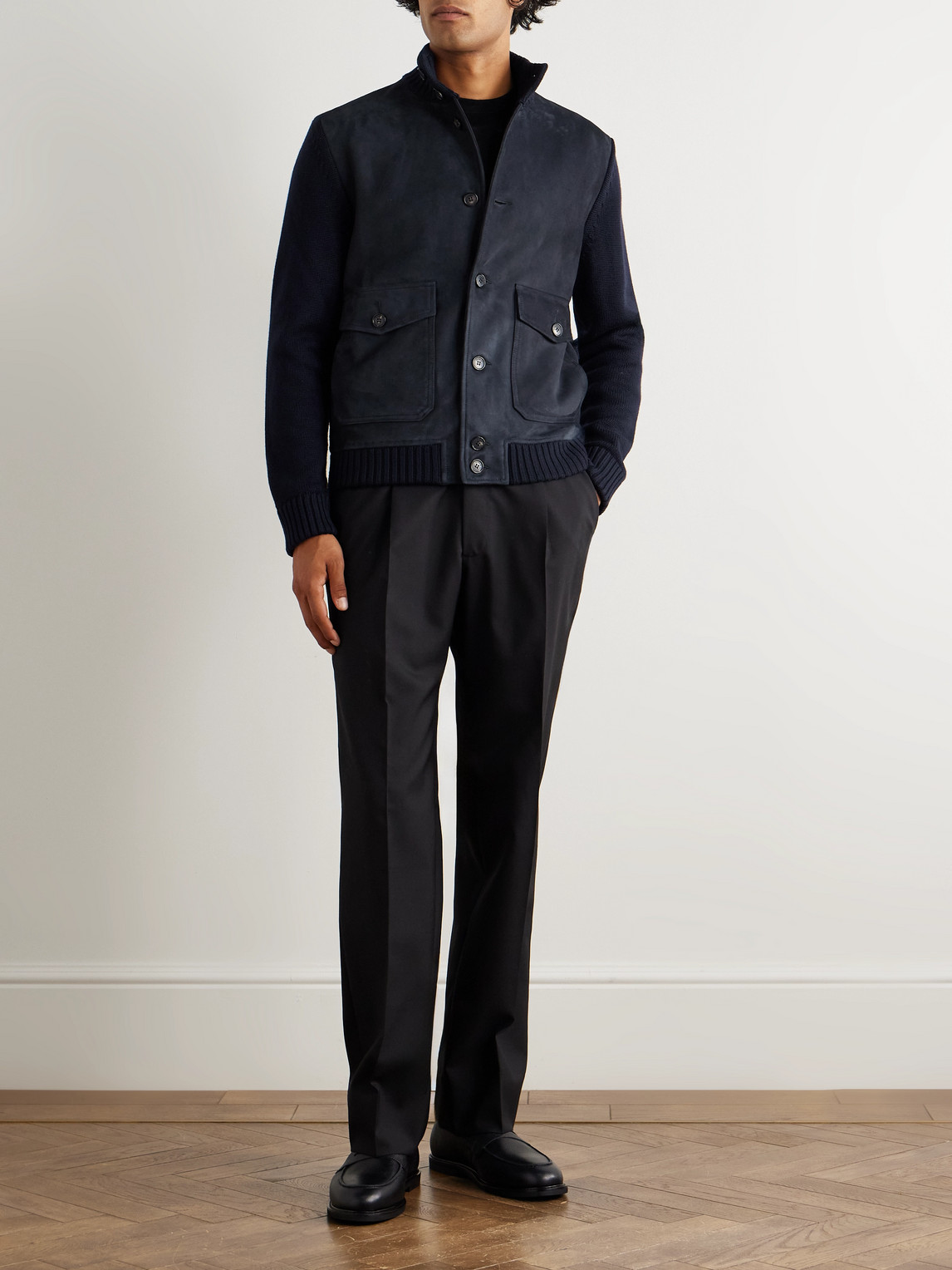 Incotex Virgin Wool-trimmed Suede Jacket In Blue