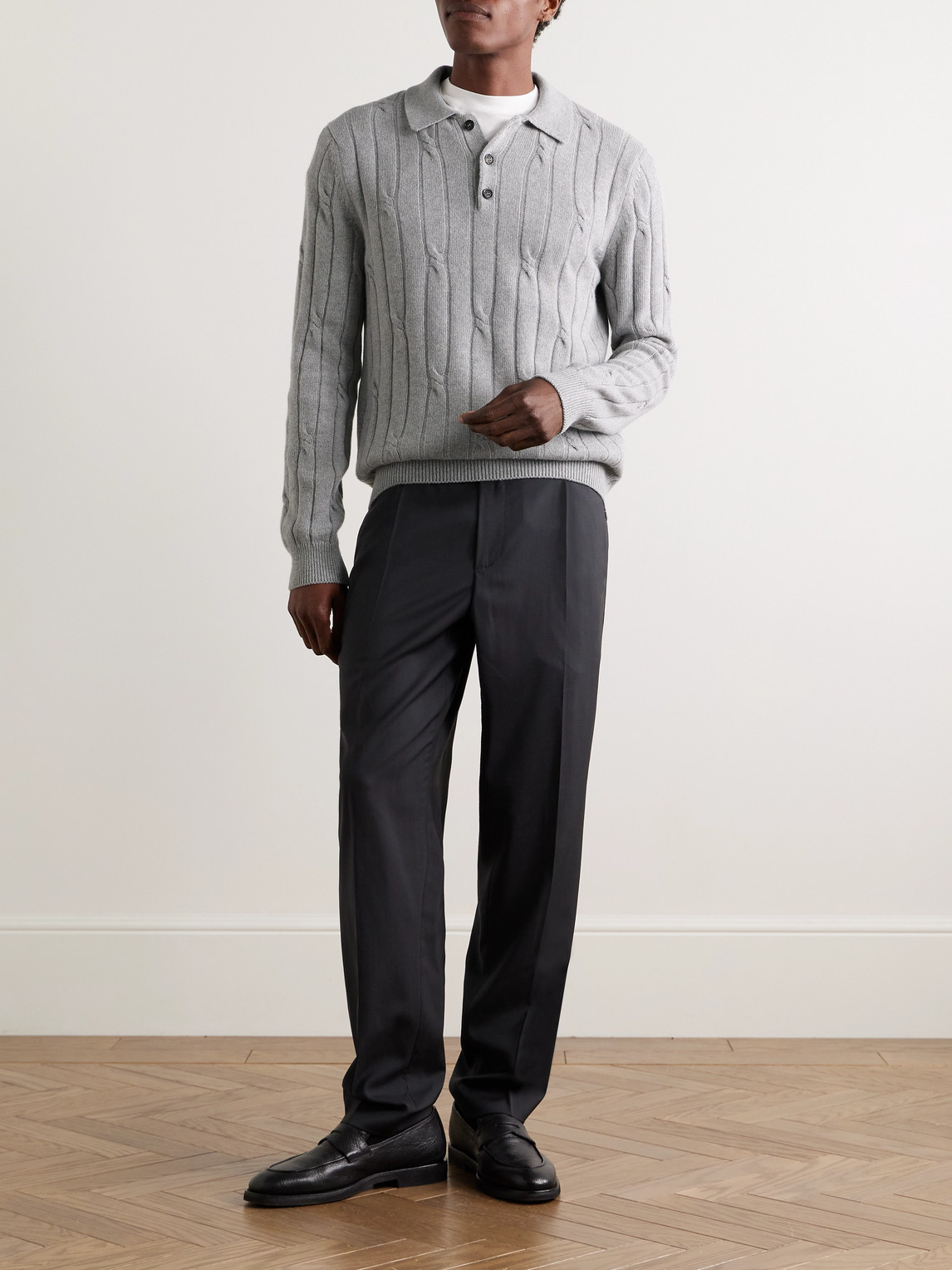 Incotex Zanone Cable-knit Virgin Wool And Cashmere-blend Polo Shirt In Gray