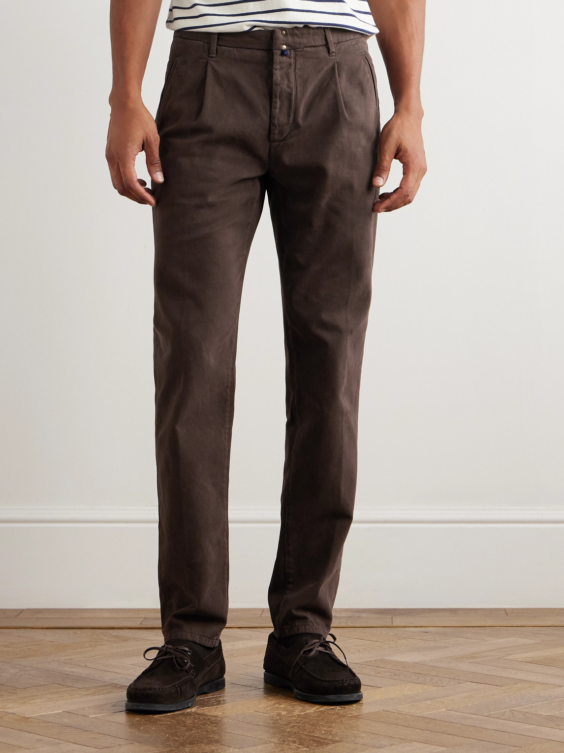Incotex Blue Division Straight-leg Pleated Cotton And Cashmere-blend Twill Trousers In Brown