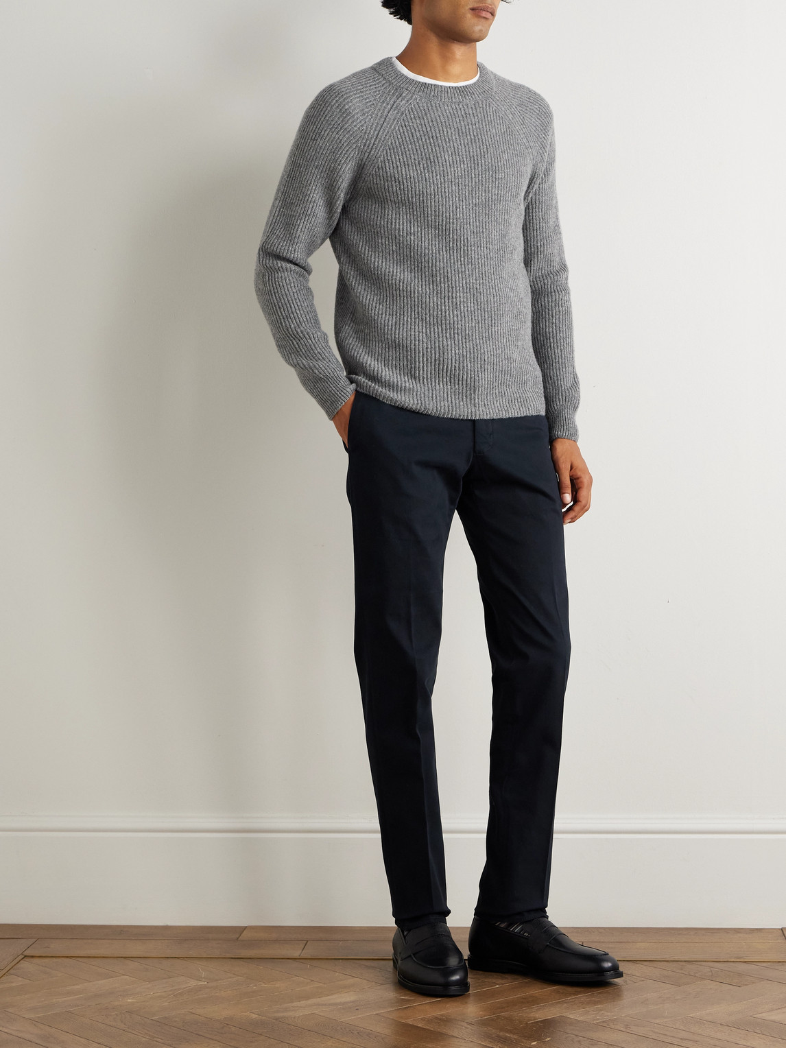 Incotex Zanone Ribbed Virgin Wool Sweater In Gray