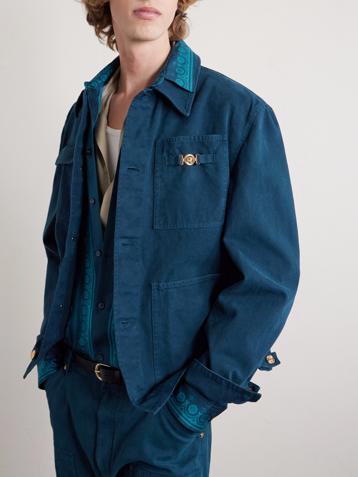 Versace Collared Jacket Front Pockets Gold Tone Hardware In Blue