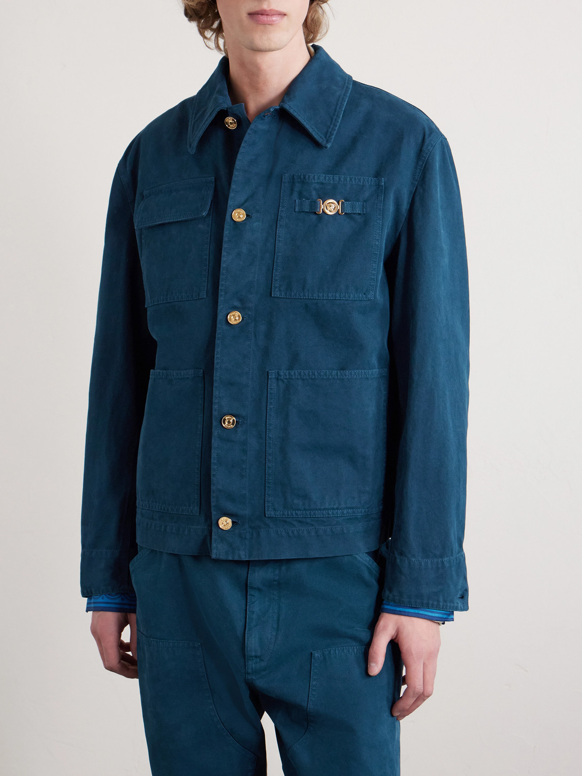 Versace Collared Jacket Front Pockets Gold Tone Hardware In Blue