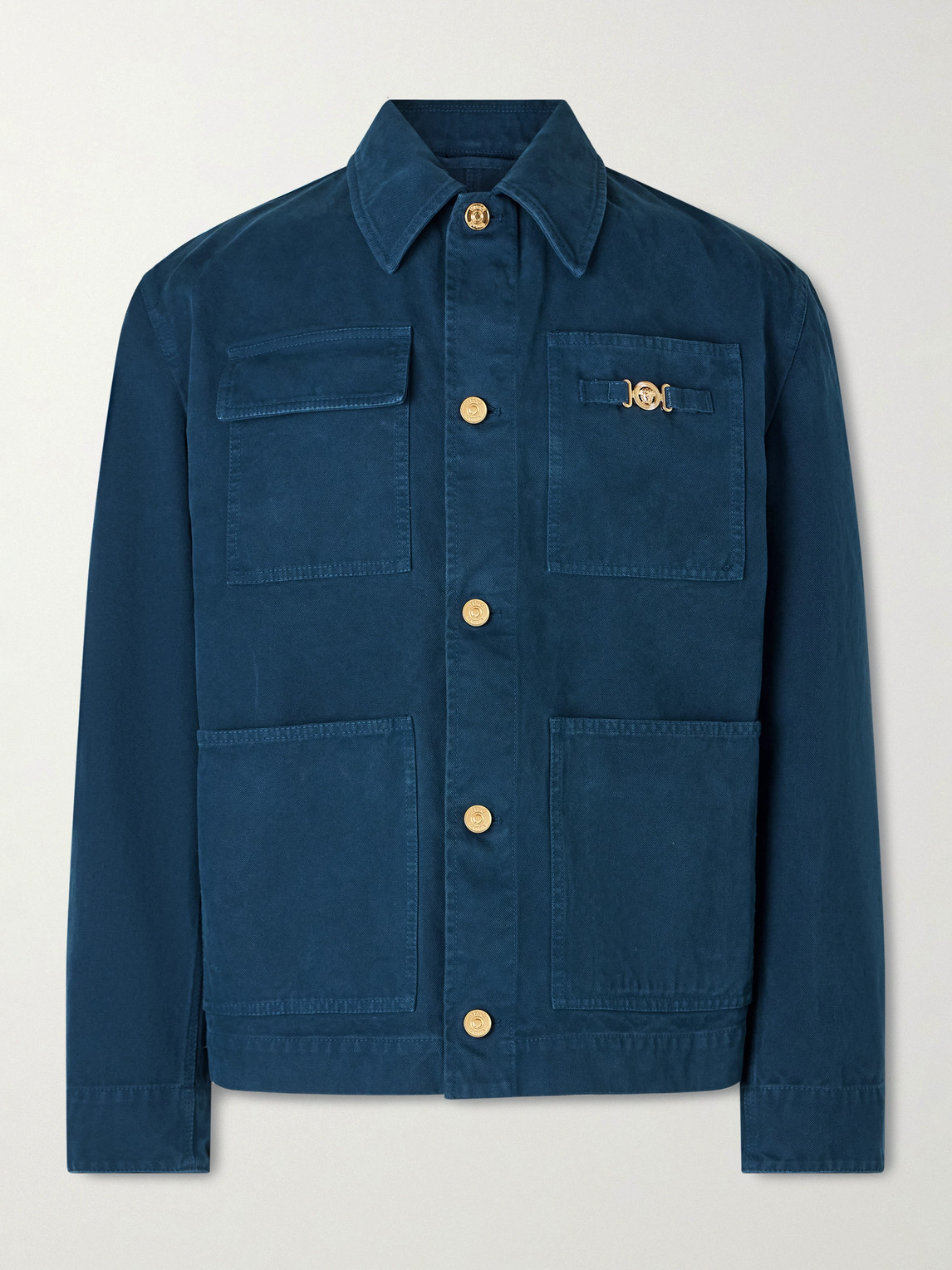 Versace Collared Jacket Front Pockets Gold Tone Hardware In Blue