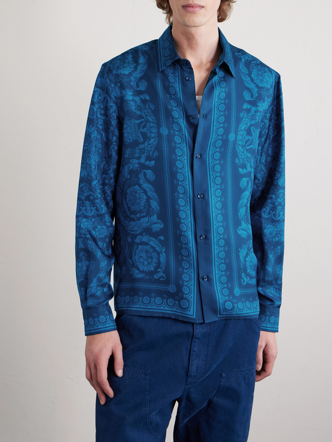  Versace - Printed Silk-twill Shirt - Men - Blue - It 44 