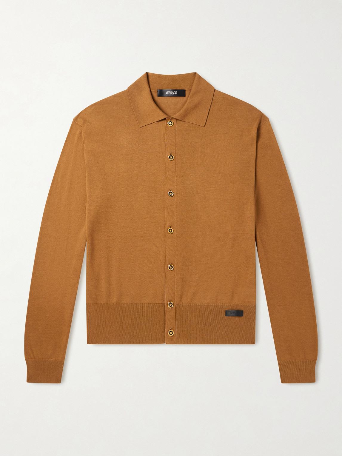 Versace Logo-appliquéd Silk And Cotton-blend Cardigan In Brown