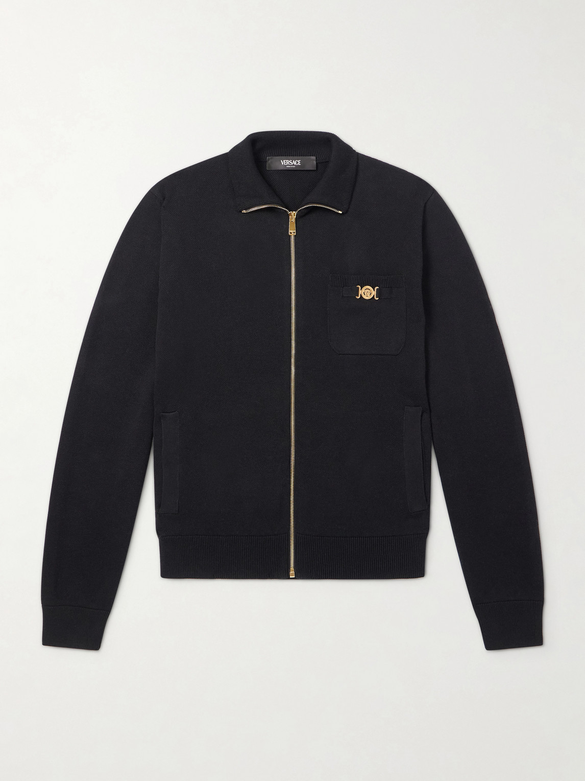 Versace Embellished Cotton-Blend Zip-Up Sweater IT 54