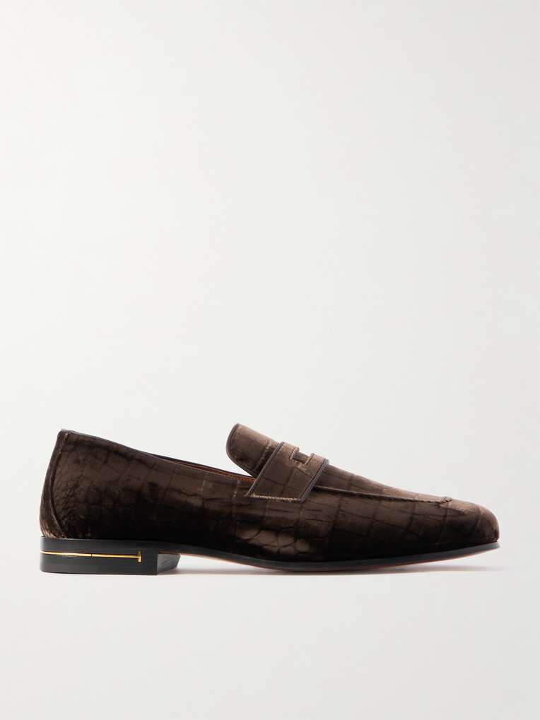 Tom Ford — Gigi Leather-Trimmed Croc-Effect Velvet Penny Loafers