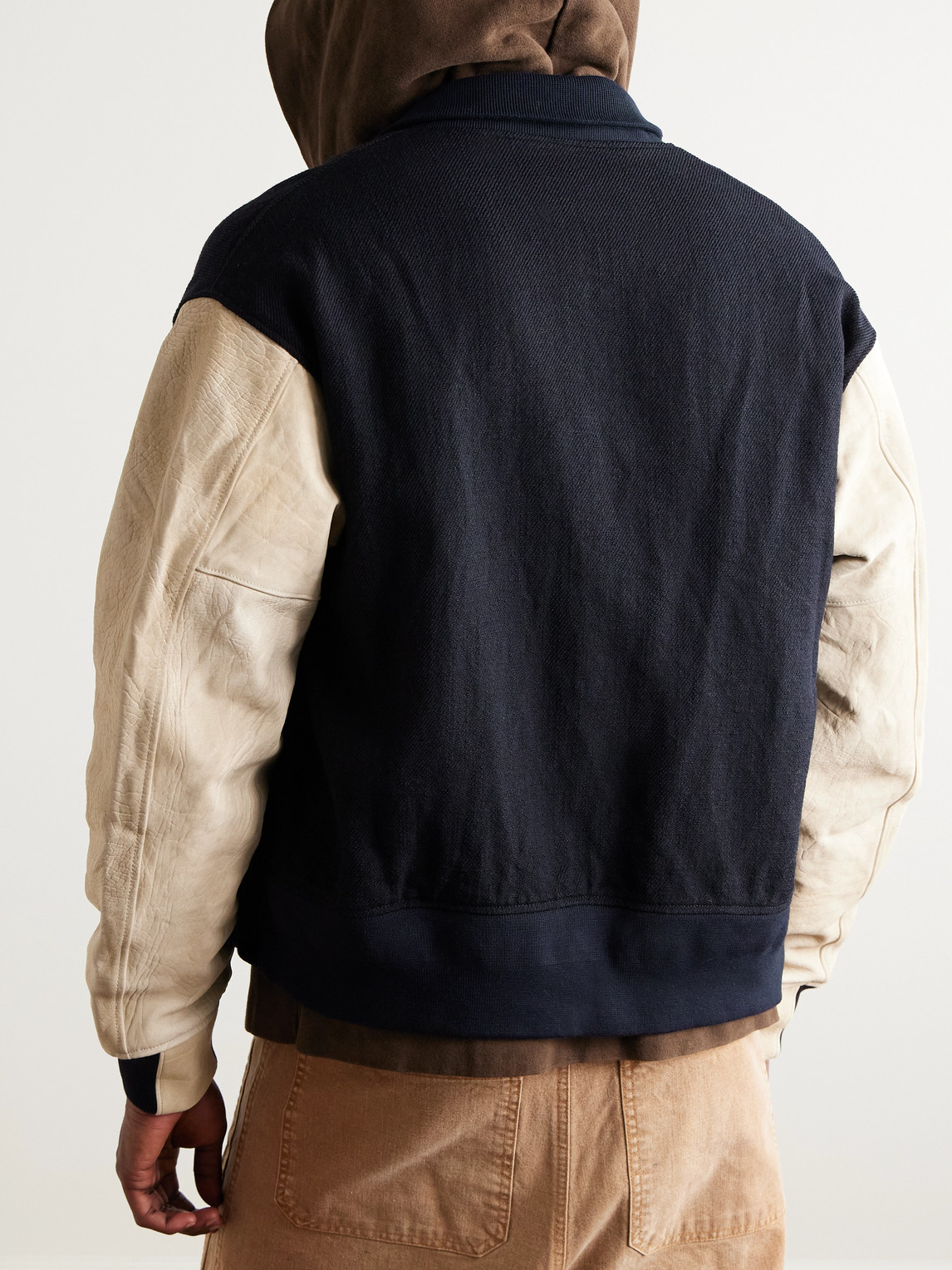 Visvim Embroidered Wool And Linen-blend Twill And Full-grain Leather Varsity Jacket In Black