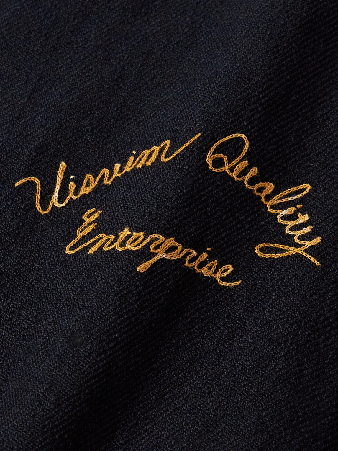 Visvim Embroidered Wool And Linen-blend Twill And Full-grain Leather Varsity Jacket In Black