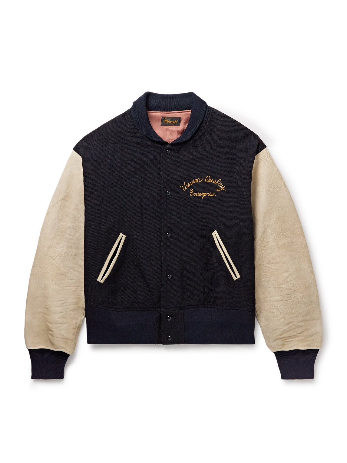 Visvim Embroidered Wool And Linen-blend Twill And Full-grain Leather Varsity Jacket In Black