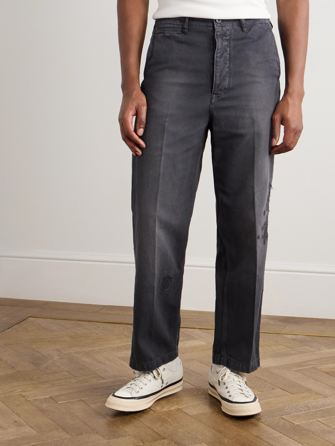 Visvim Crash Straight-leg Distressed Cotton-twill Chinos In Black