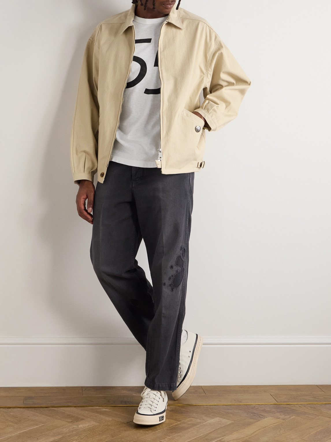 Visvim Crash Straight-leg Distressed Cotton-twill Chinos In Black