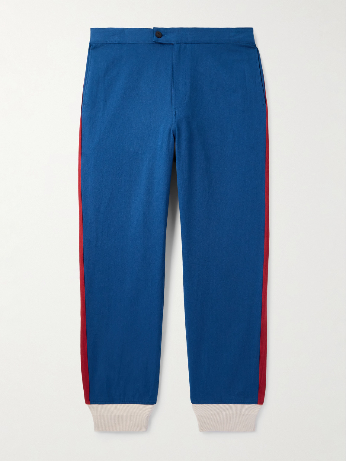 Visvim Bertone Tapered Grosgrain-striped Cotton-twill Trousers In Blue