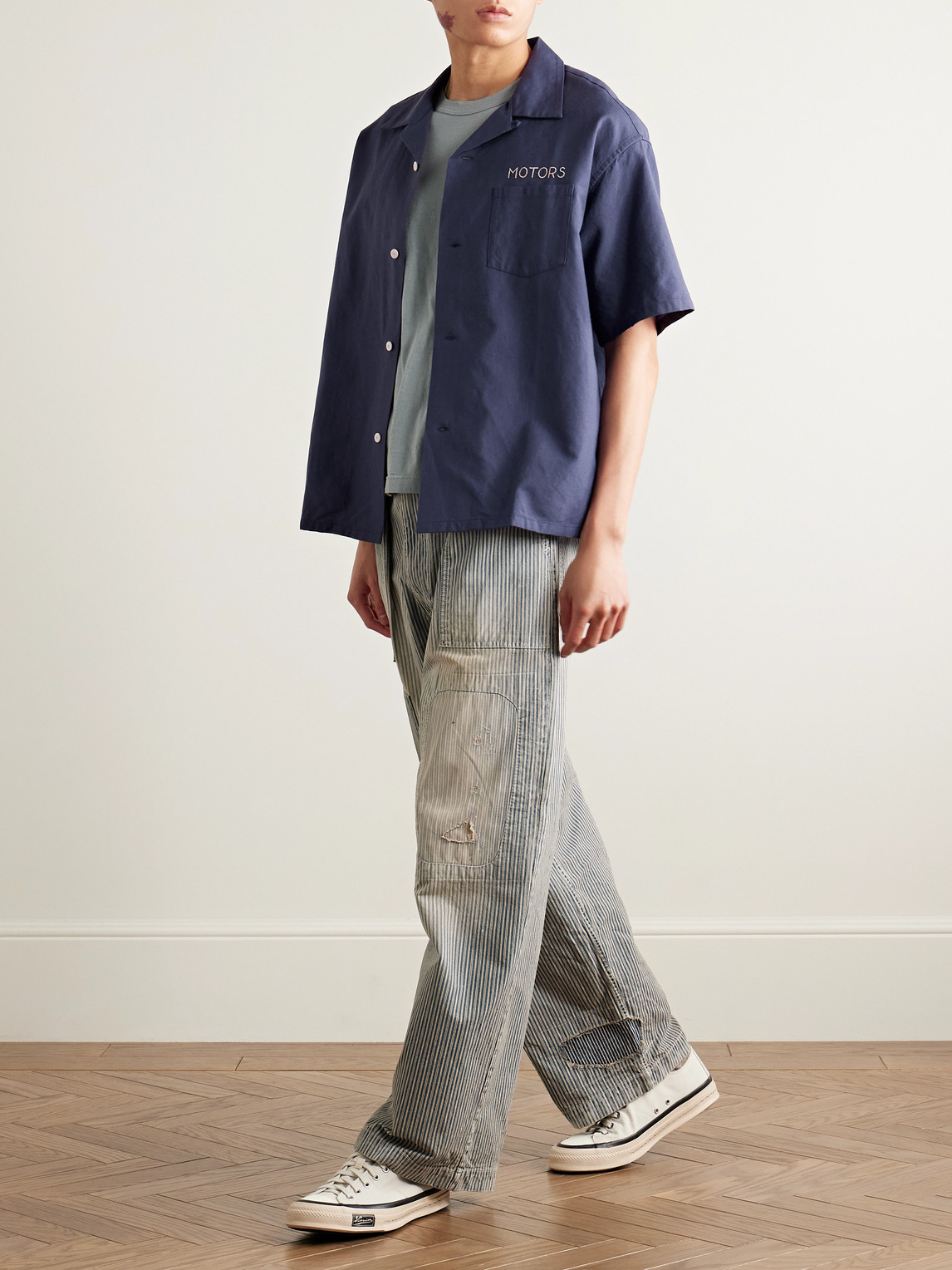 Visvim Crosby Convertible-collar Embroidered Wool And Linen-blend Shirt In Blue