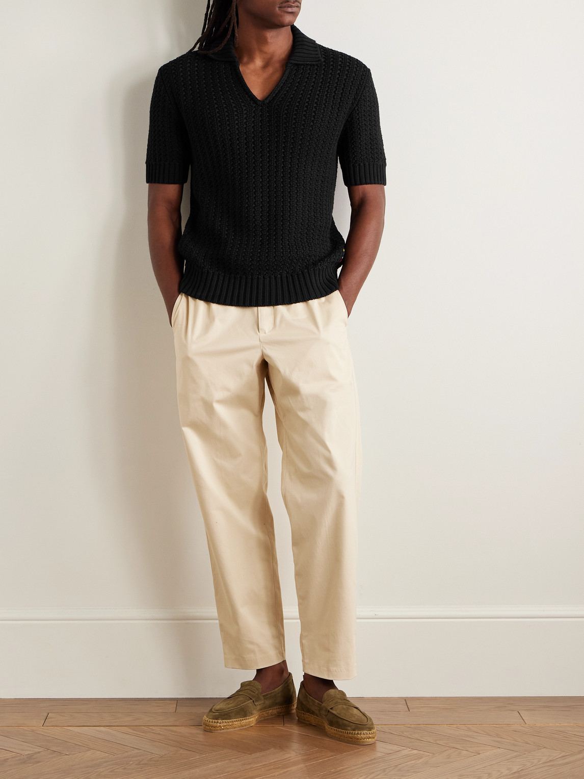 Orlebar Brown Textured-knit Organic Cotton Polo Shirt In Black