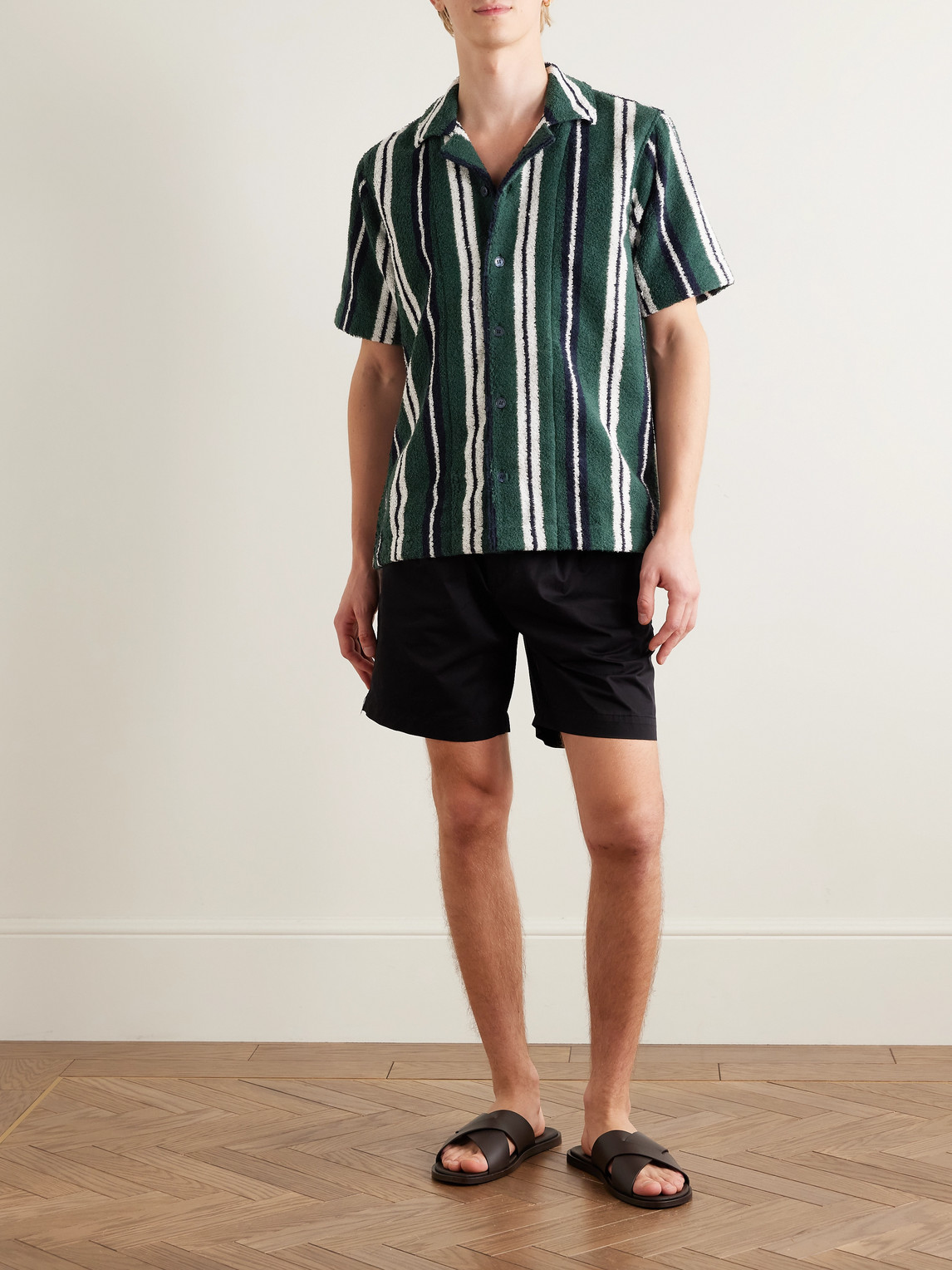 Orlebar Brown Criffith Camp-collar Striped Cotton-blend Terry Shirt In Green