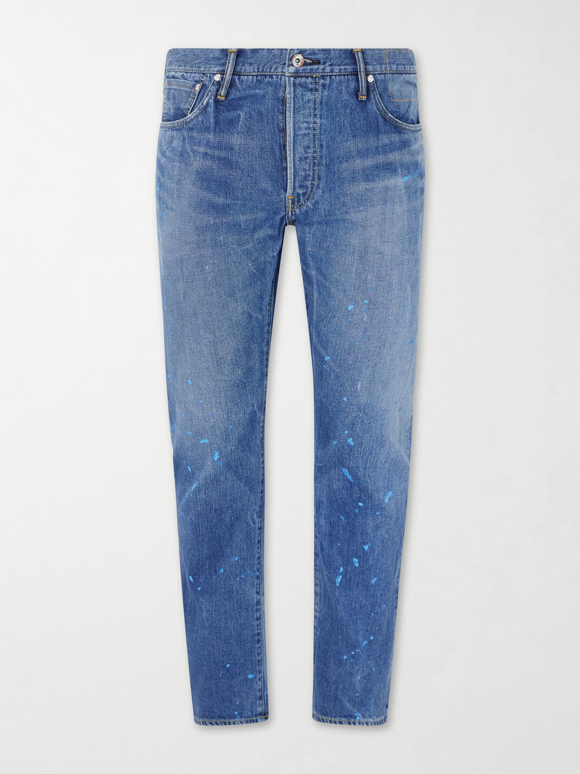 Visvim Social Sculpture 11 Slim-fit Straight-leg Paint-splattered Jeans In Blue