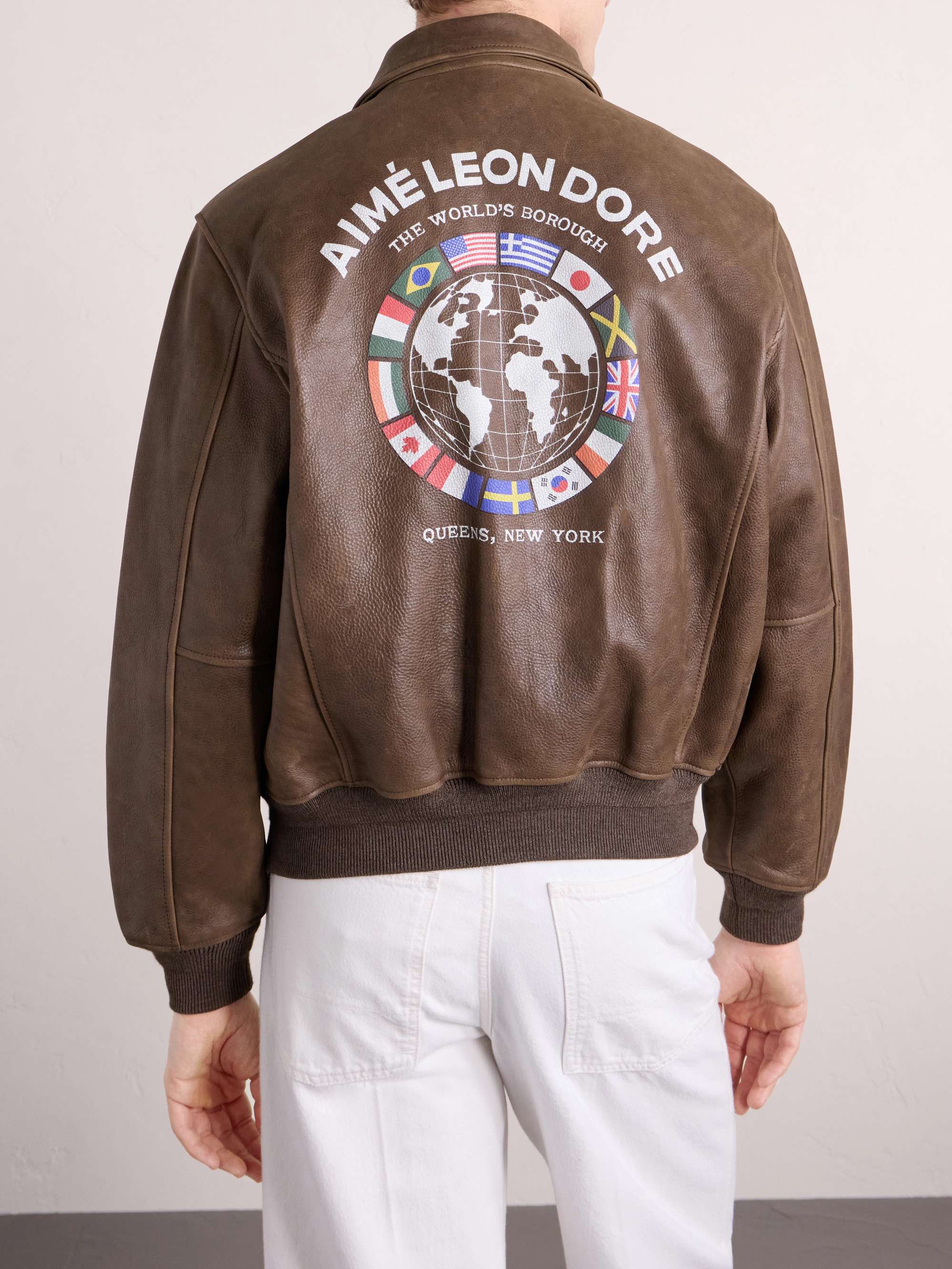 AIMÉ LEON DORE World's Borough Logo-Print Leather Jacket for Men