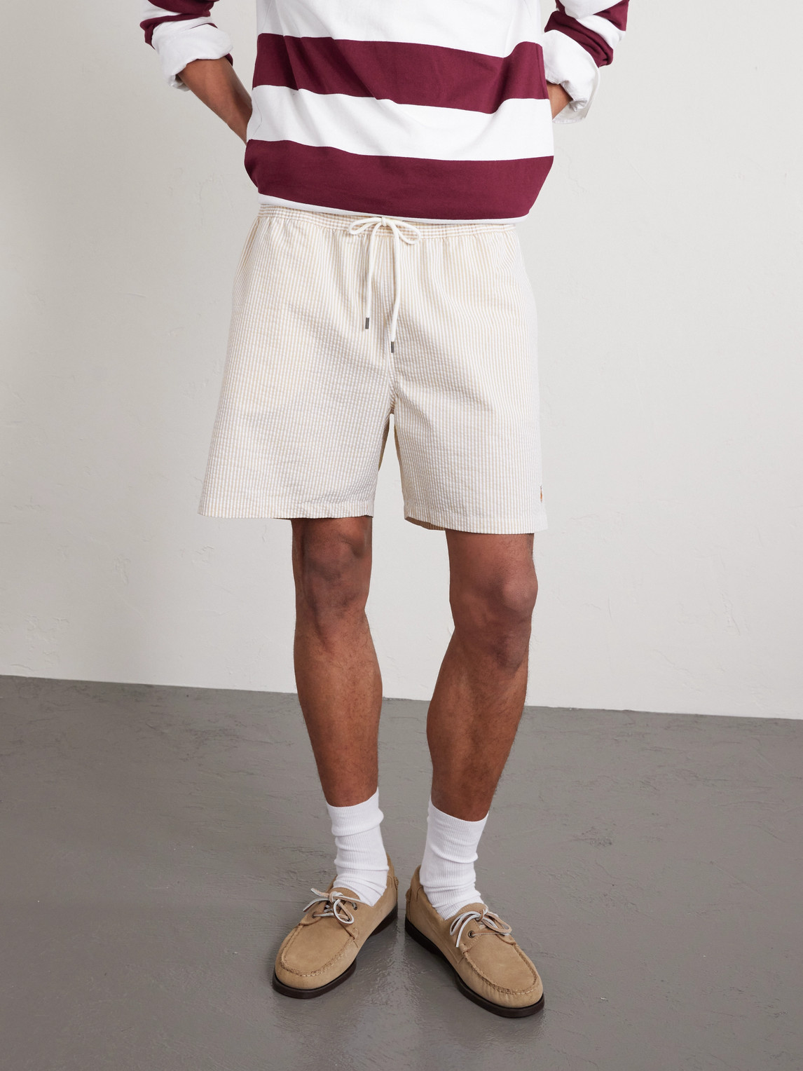 Polo Ralph Lauren Mid-length Cotton-blend Seersucker Swim Shorts In Neutral