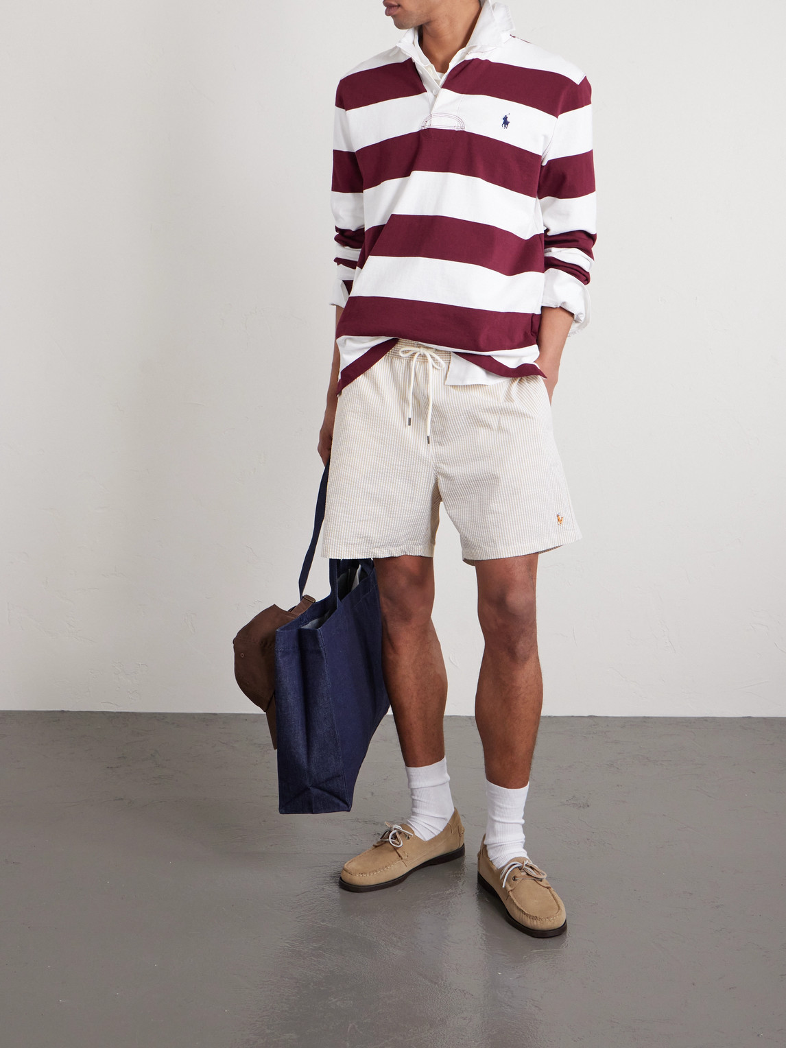 Polo Ralph Lauren Mid-length Cotton-blend Seersucker Swim Shorts In Neutral