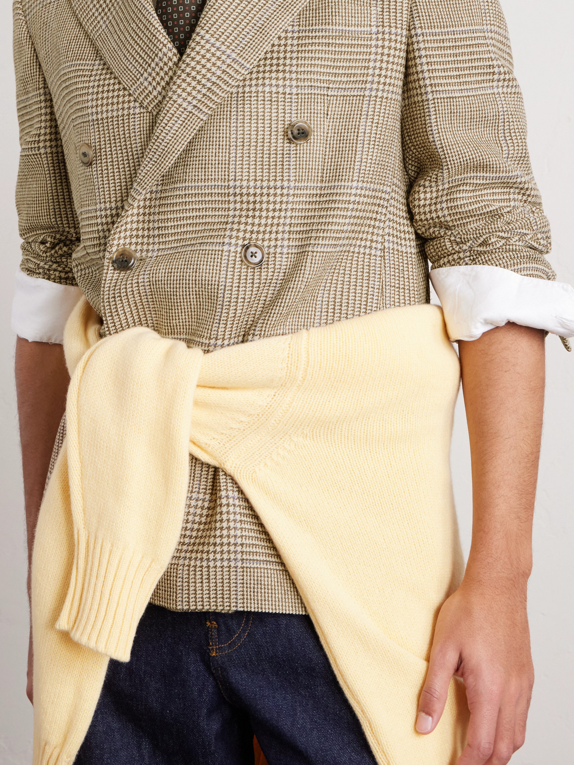 Polo Ralph Lauren Double-breasted Prince Of Wales Checked Silk, Wool And Linen-blend Blazer In Brown