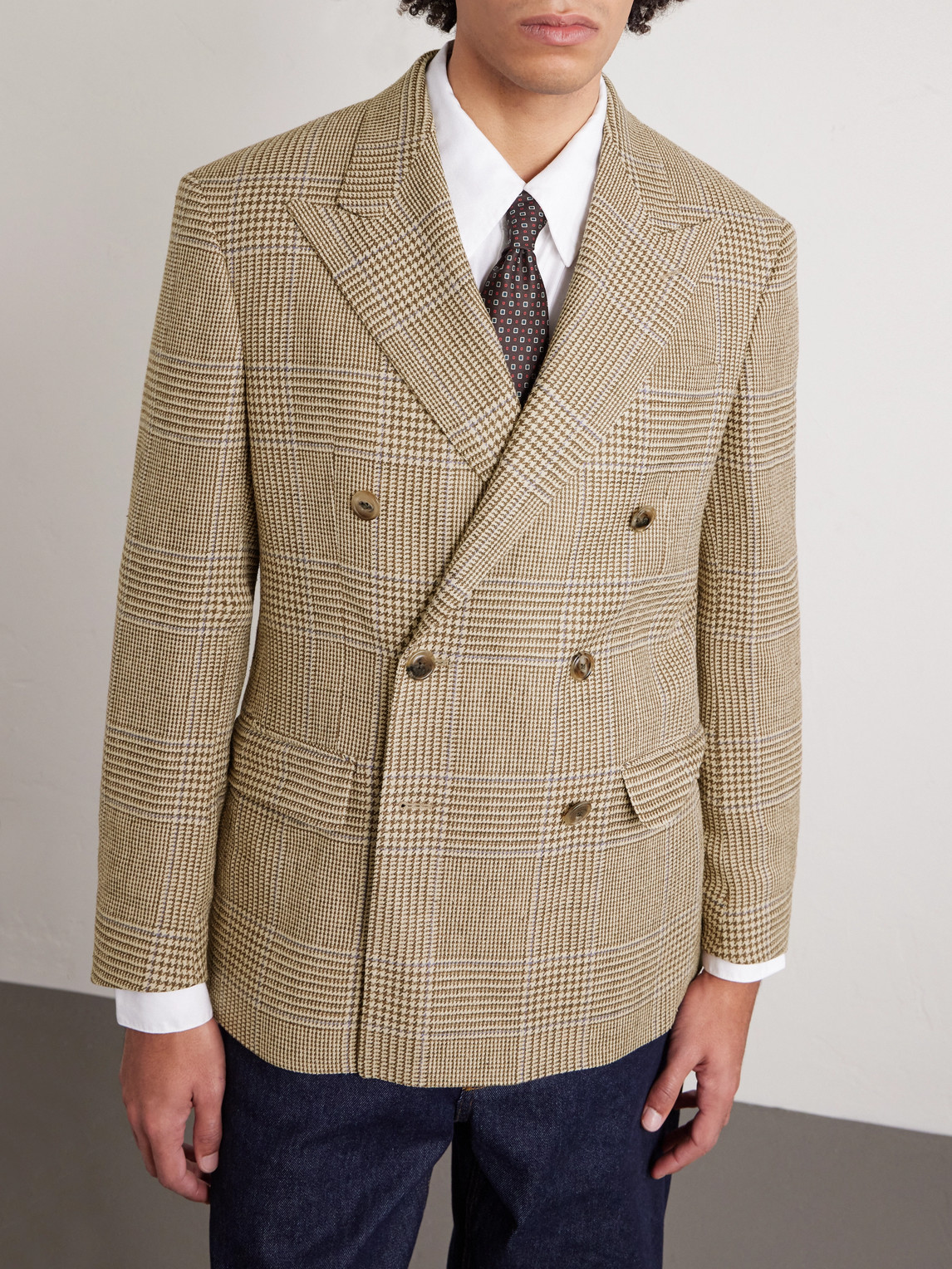 Polo Ralph Lauren Double-breasted Prince Of Wales Checked Silk, Wool And Linen-blend Blazer In Brown