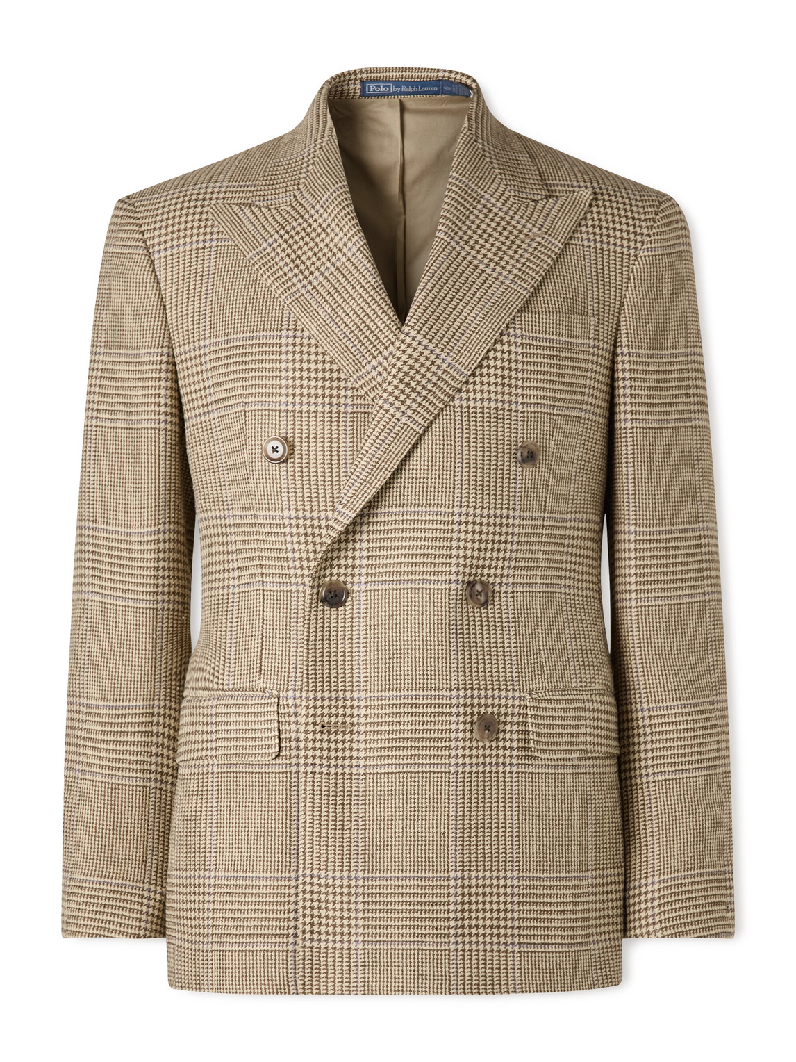 Polo Ralph Lauren Double-breasted Prince Of Wales Checked Silk, Wool And Linen-blend Blazer In Brown