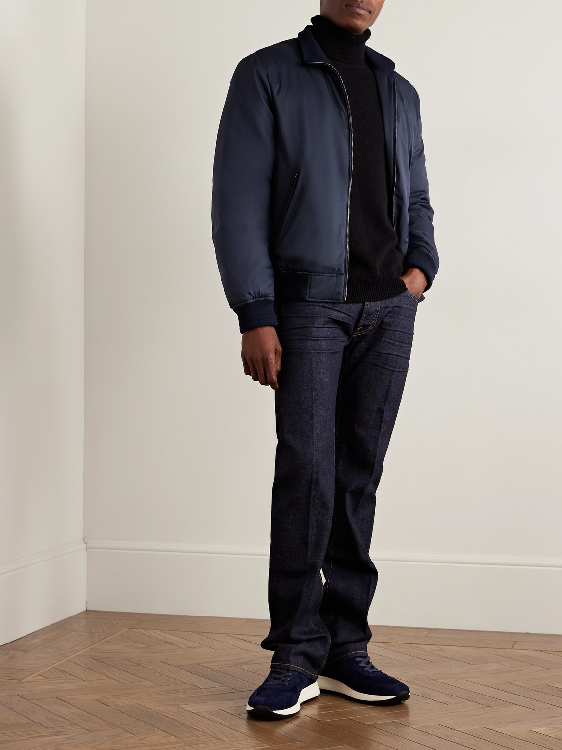 Canali Leather-trimmed Shell Down Bomber Jacket In Blue