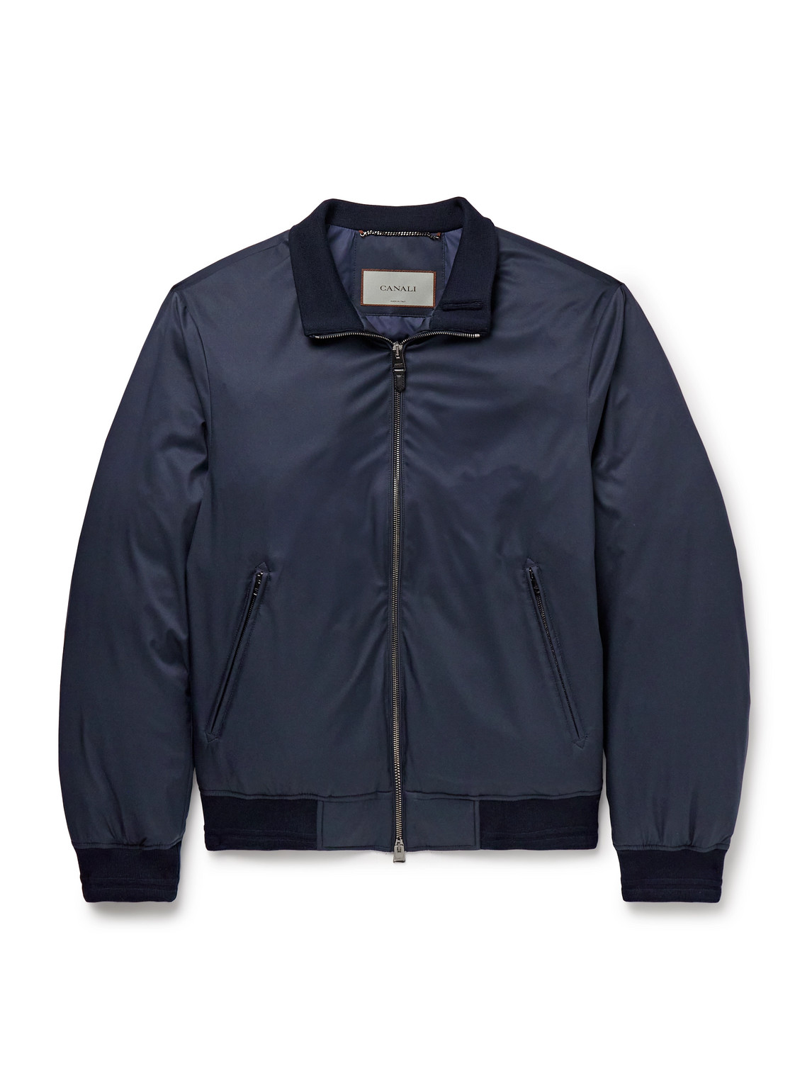 Canali Leather-trimmed Shell Down Bomber Jacket In Blue