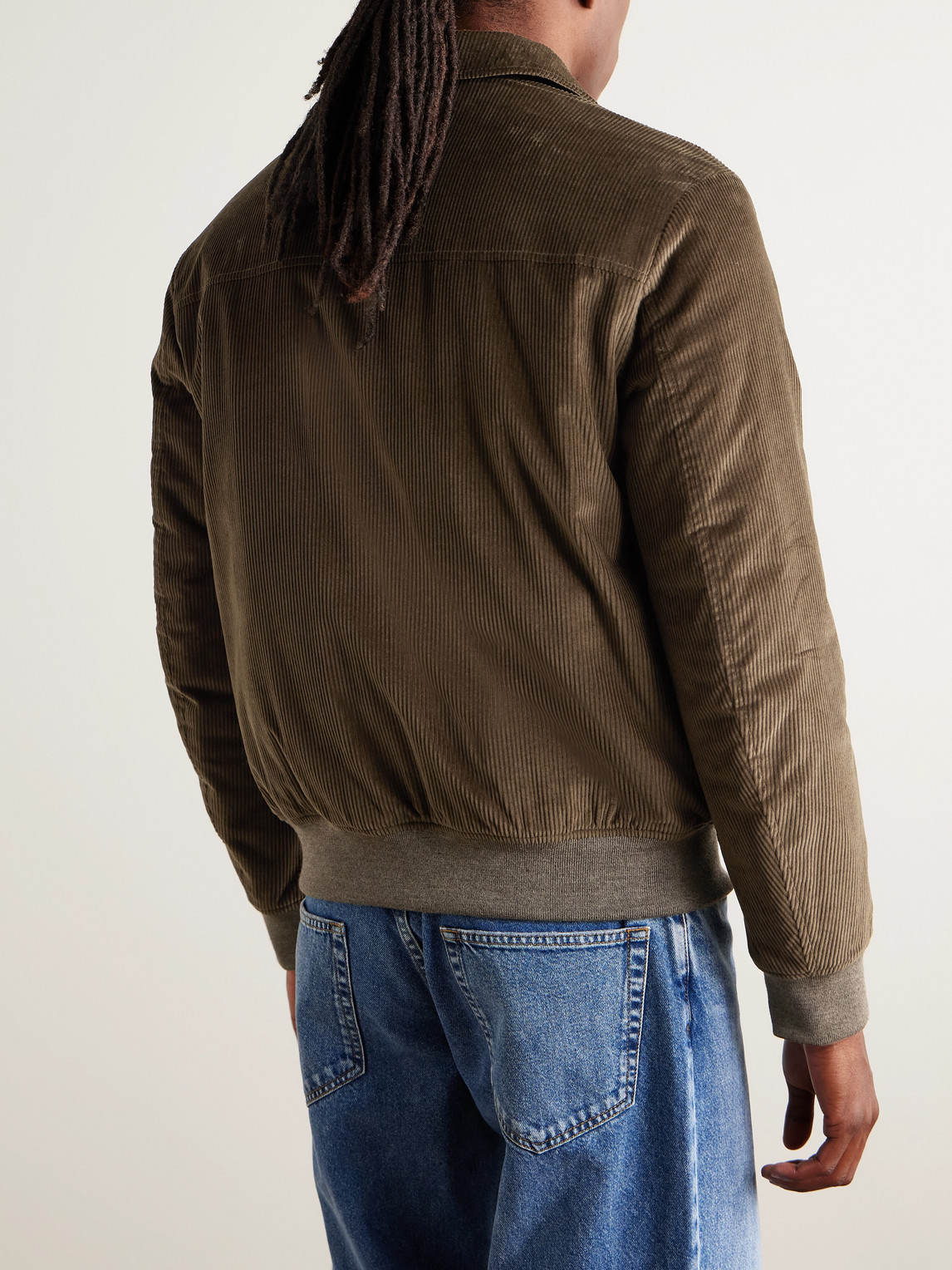 Canali Leather-trimmed Cotton-corduroy Blouson Jacket In Green