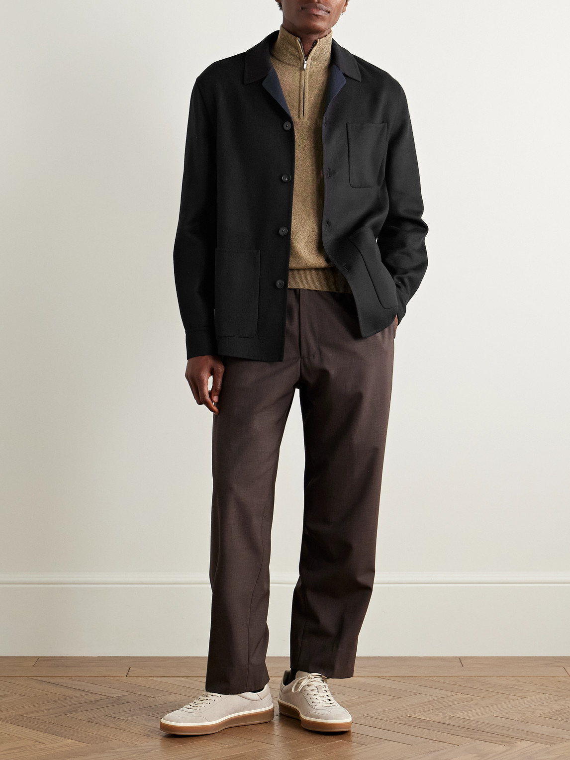 Canali Camp-collar Wool-blend Felt Overshirt In Black