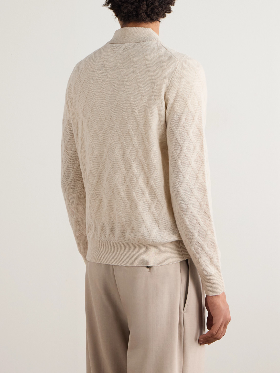 Canali Cable-knit Wool And Cashmere-blend Polo Shirt In Neutral