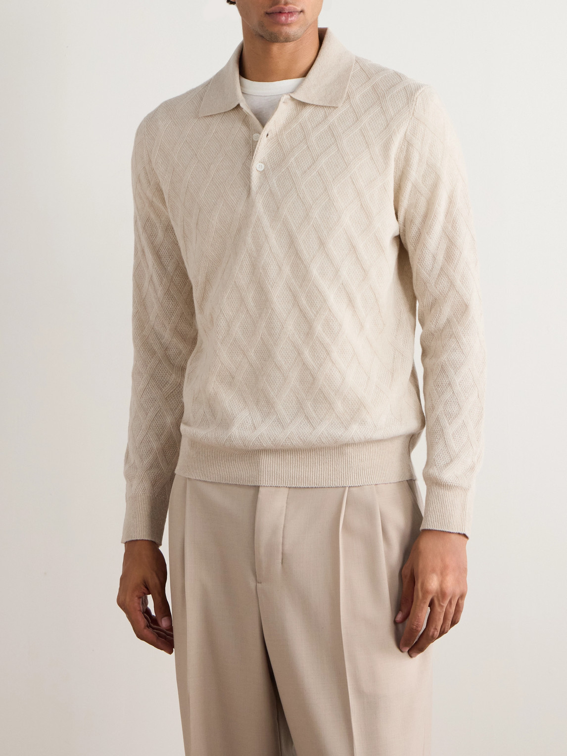 Canali Cable-knit Wool And Cashmere-blend Polo Shirt In Neutral