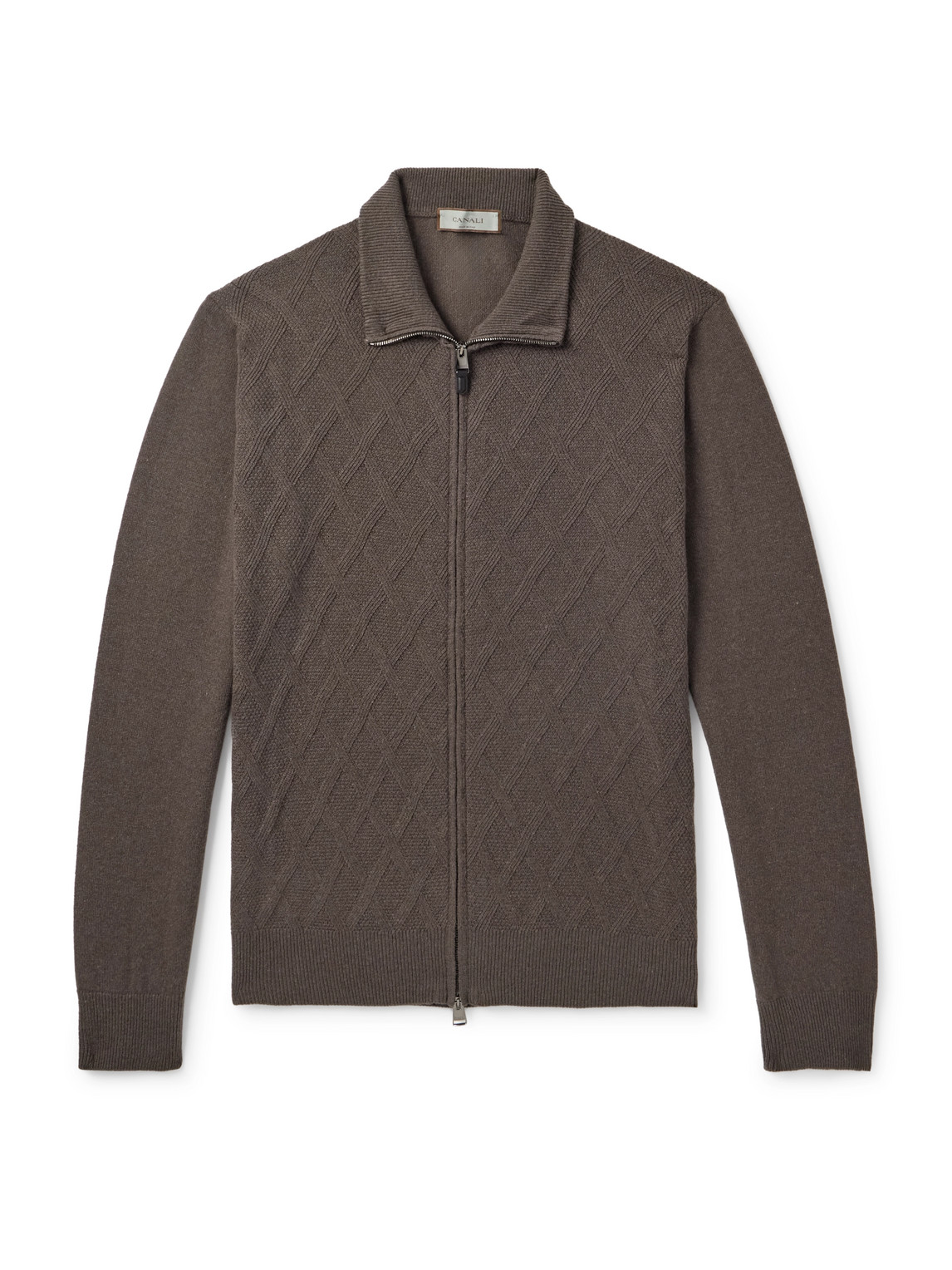 Canali Cable-knit Wool And Cashmere-blend Zip-up Cardigan In Brown