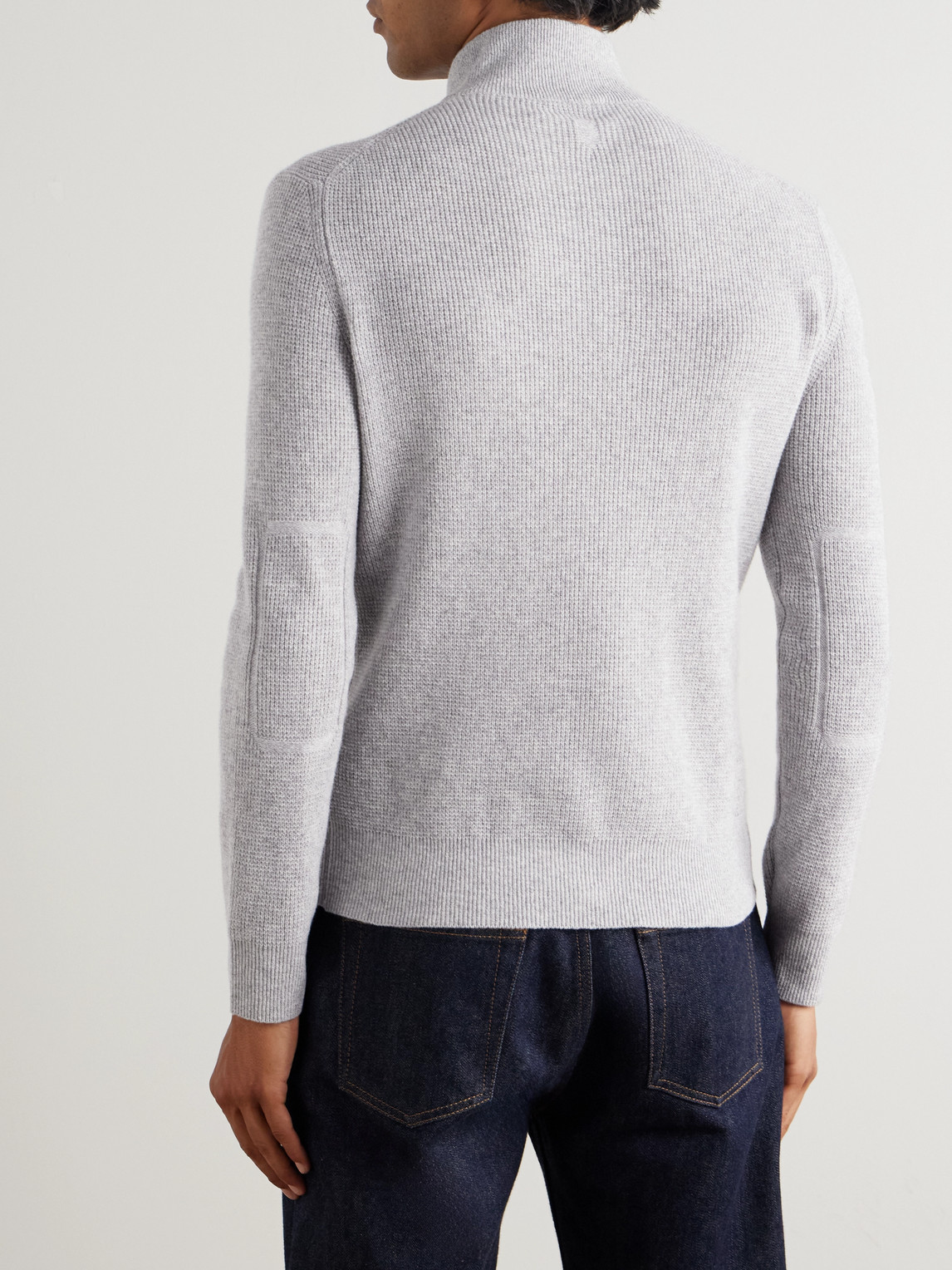 Canali Slim-fit Suede-trimmed Ribbed Wool And Cashmere-blend Half-zip Sweater In Gray