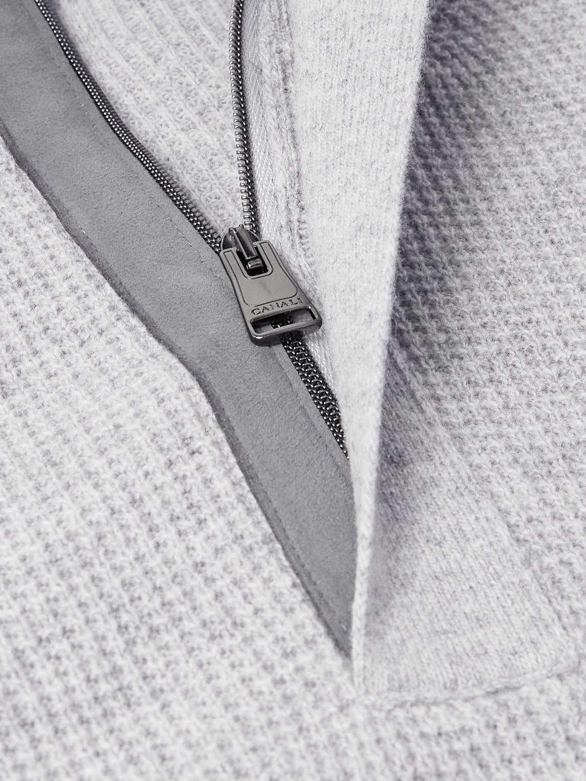Canali Slim-fit Suede-trimmed Ribbed Wool And Cashmere-blend Half-zip Sweater In Gray
