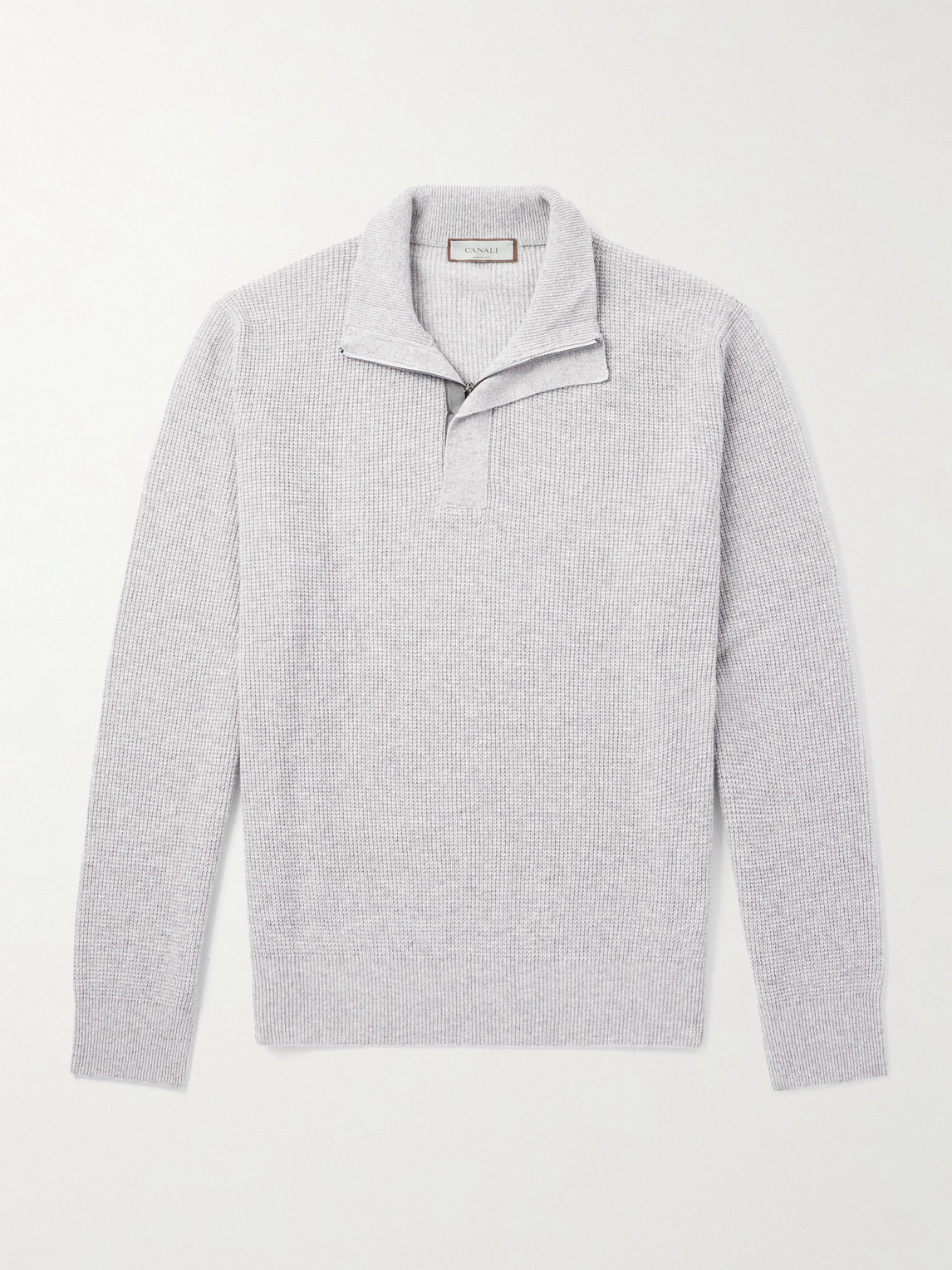 Canali Slim-Fit Suede-Trimmed Ribbed Wool and Cashmere-Blend Half-Zip Sweater - Men