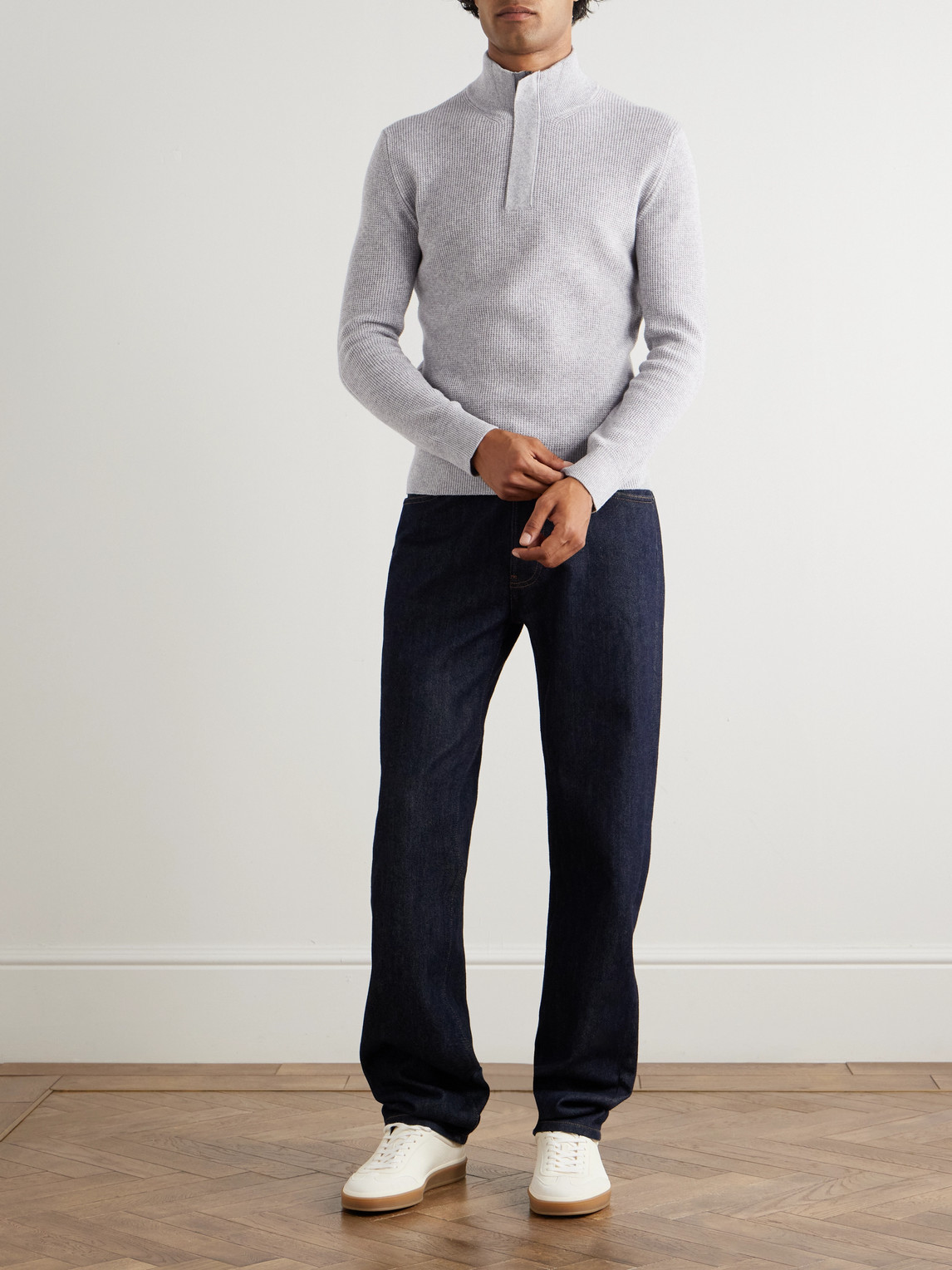 Canali Slim-fit Suede-trimmed Ribbed Wool And Cashmere-blend Half-zip Sweater In Gray
