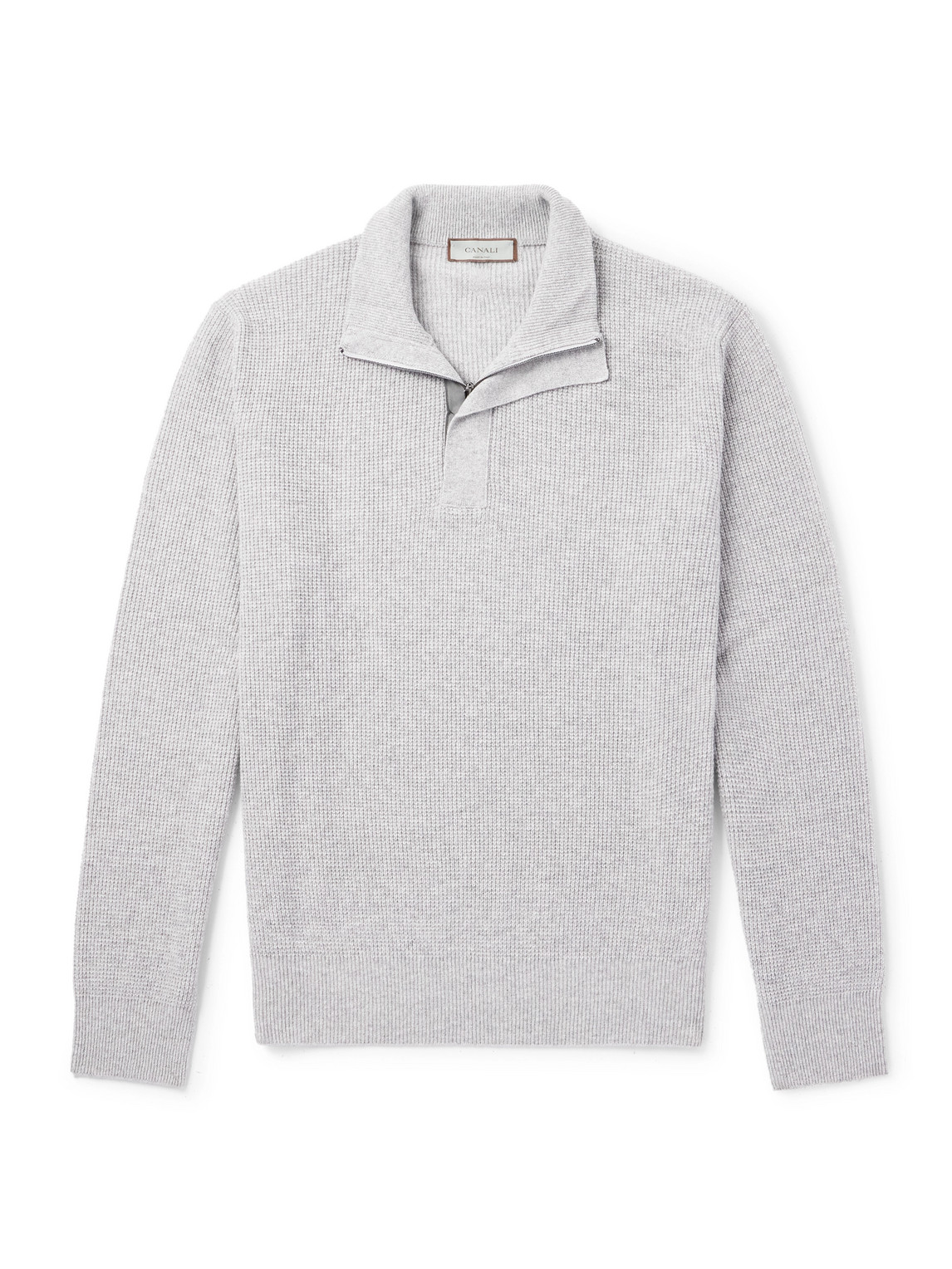 Canali Slim-fit Suede-trimmed Ribbed Wool And Cashmere-blend Half-zip Sweater In Gray