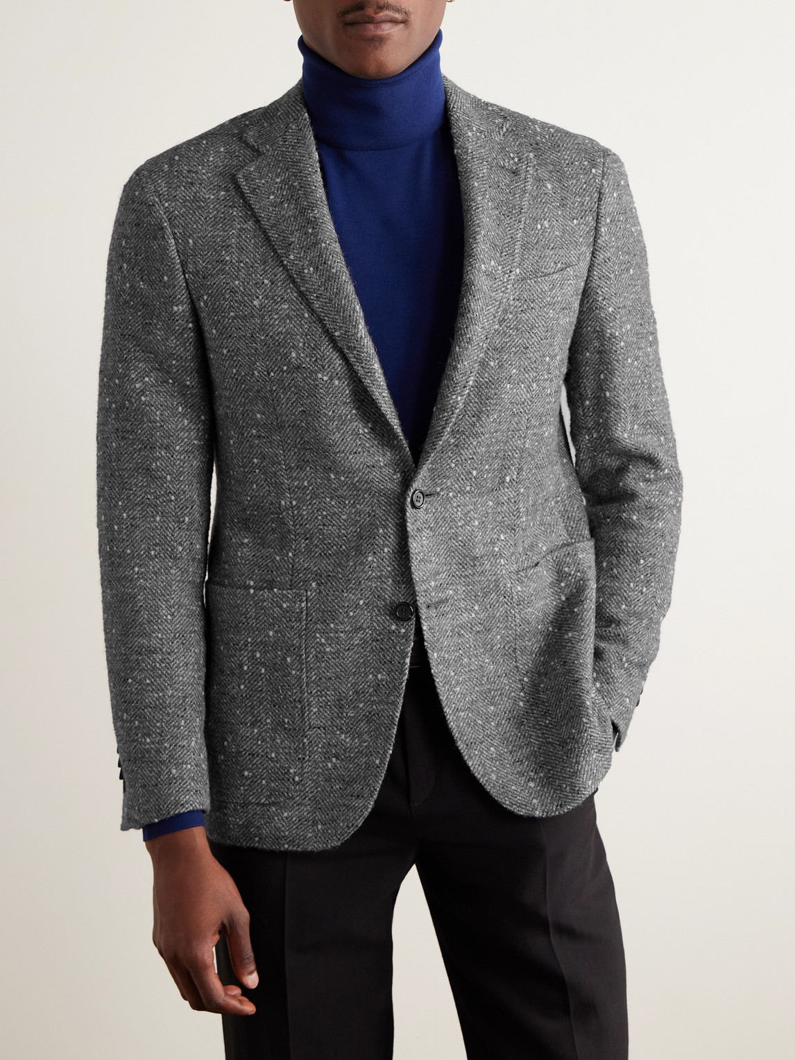 Canali Kei Herringbone Wool-blend Blazer In Gray
