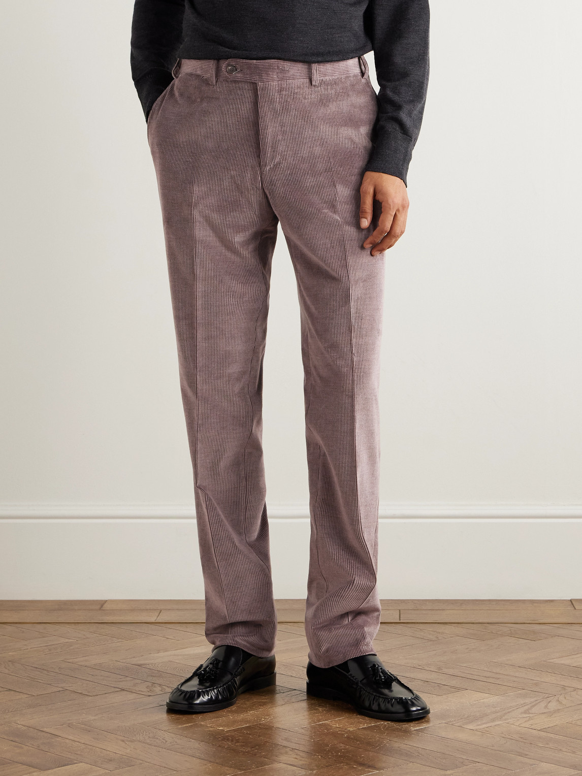 Canali Tapered Cotton-blend Corduroy Trousers In Pink