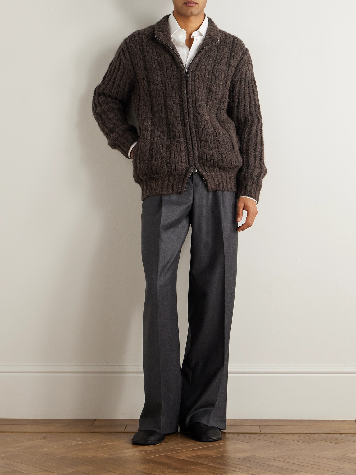 Canali Basketwoven Alpaca-blend Zip-up Cardigan In Brown