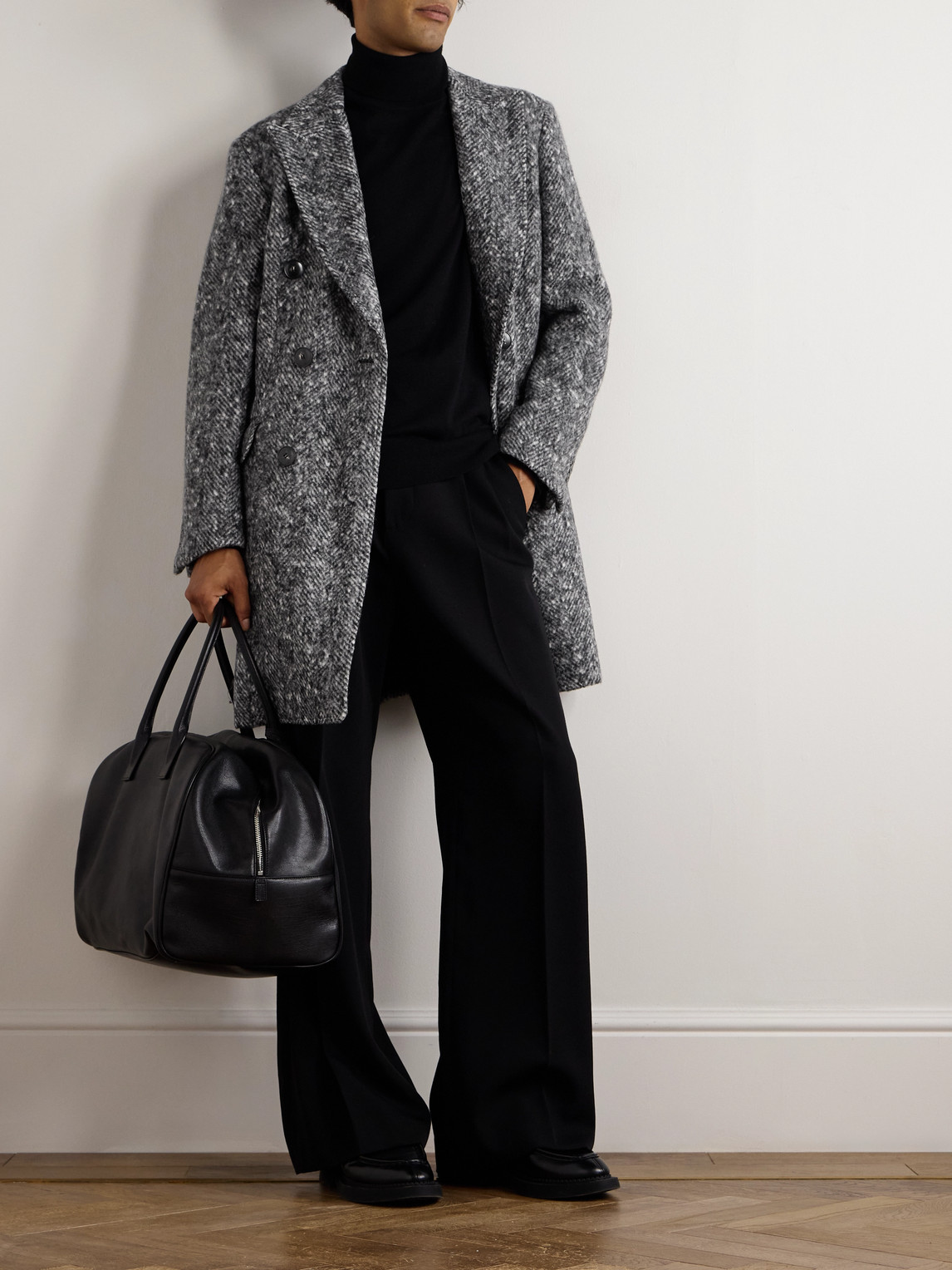 Canali Double-breasted Brushed-herringbone Overcoat In Gray