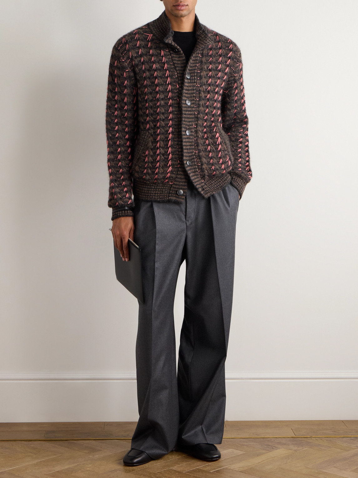 Canali Patterned Alpaca And Wool Blend Macro Jacquard Cardigan In Brown