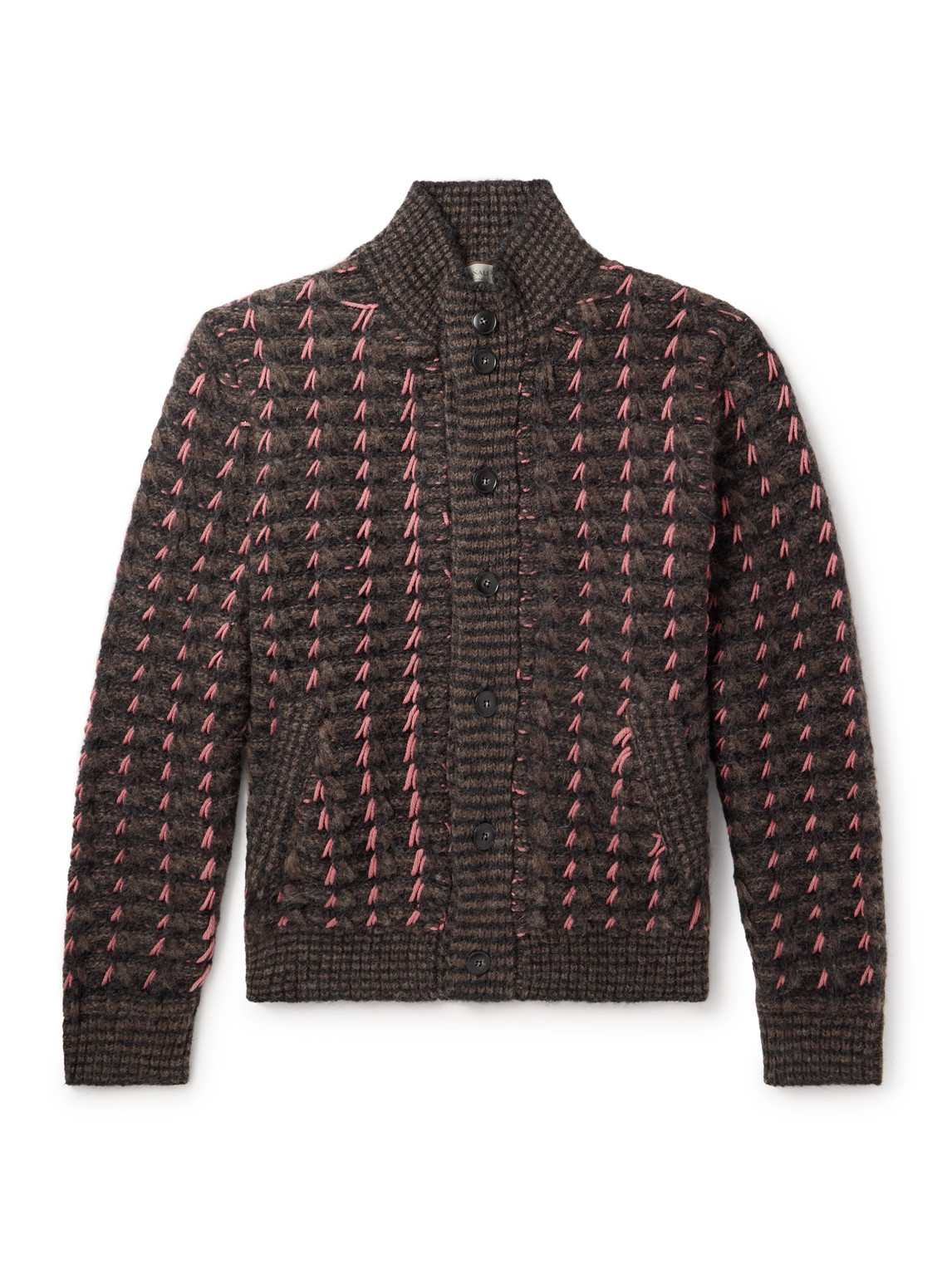 Canali Patterned Alpaca And Wool Blend Macro Jacquard Cardigan In Brown